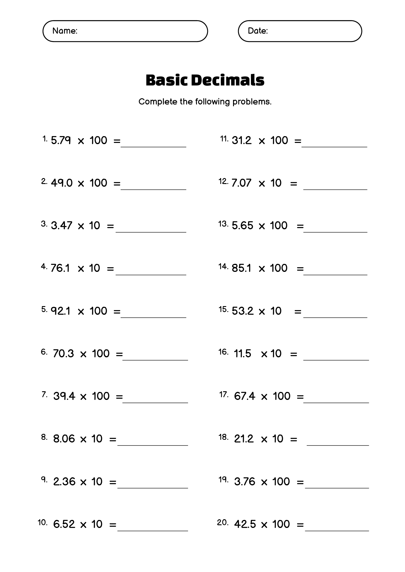 Basic Decimals Times Table Sheet