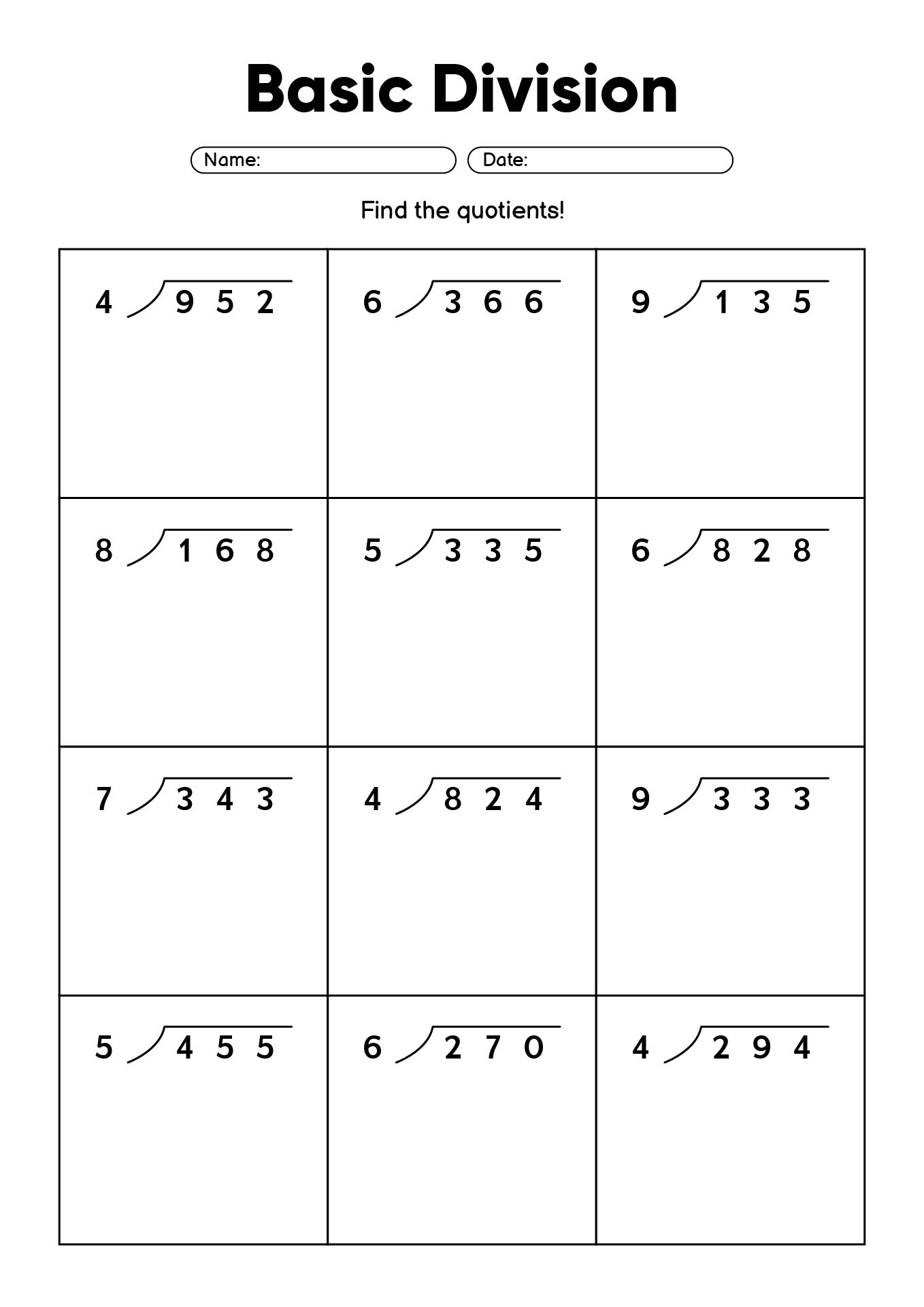 Basic Division Worksheets for Grade 4