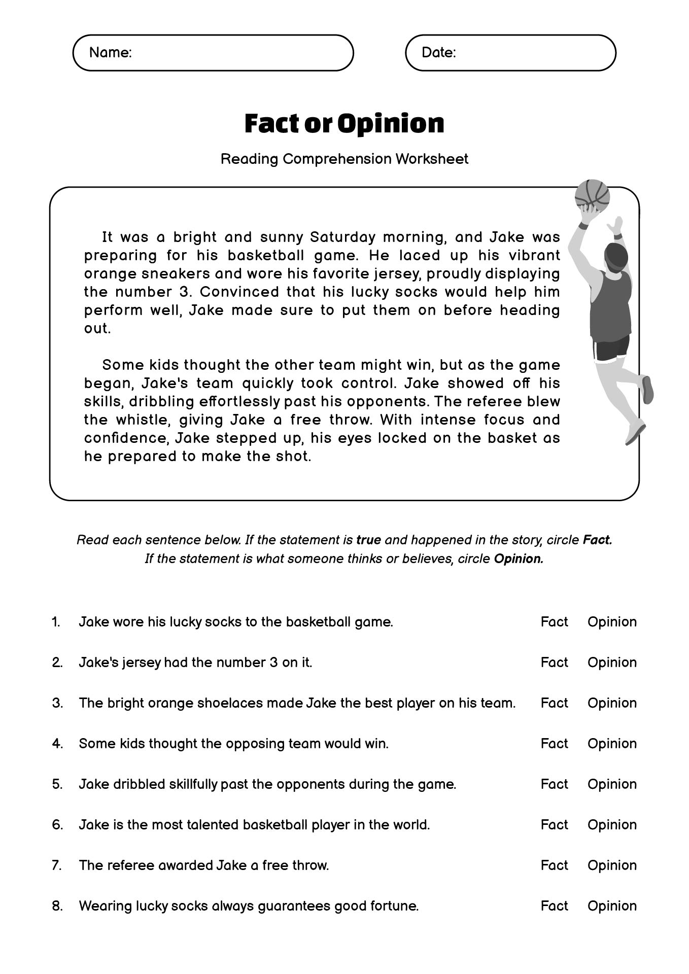 Basketball Focused Reading Comprehension Worksheets