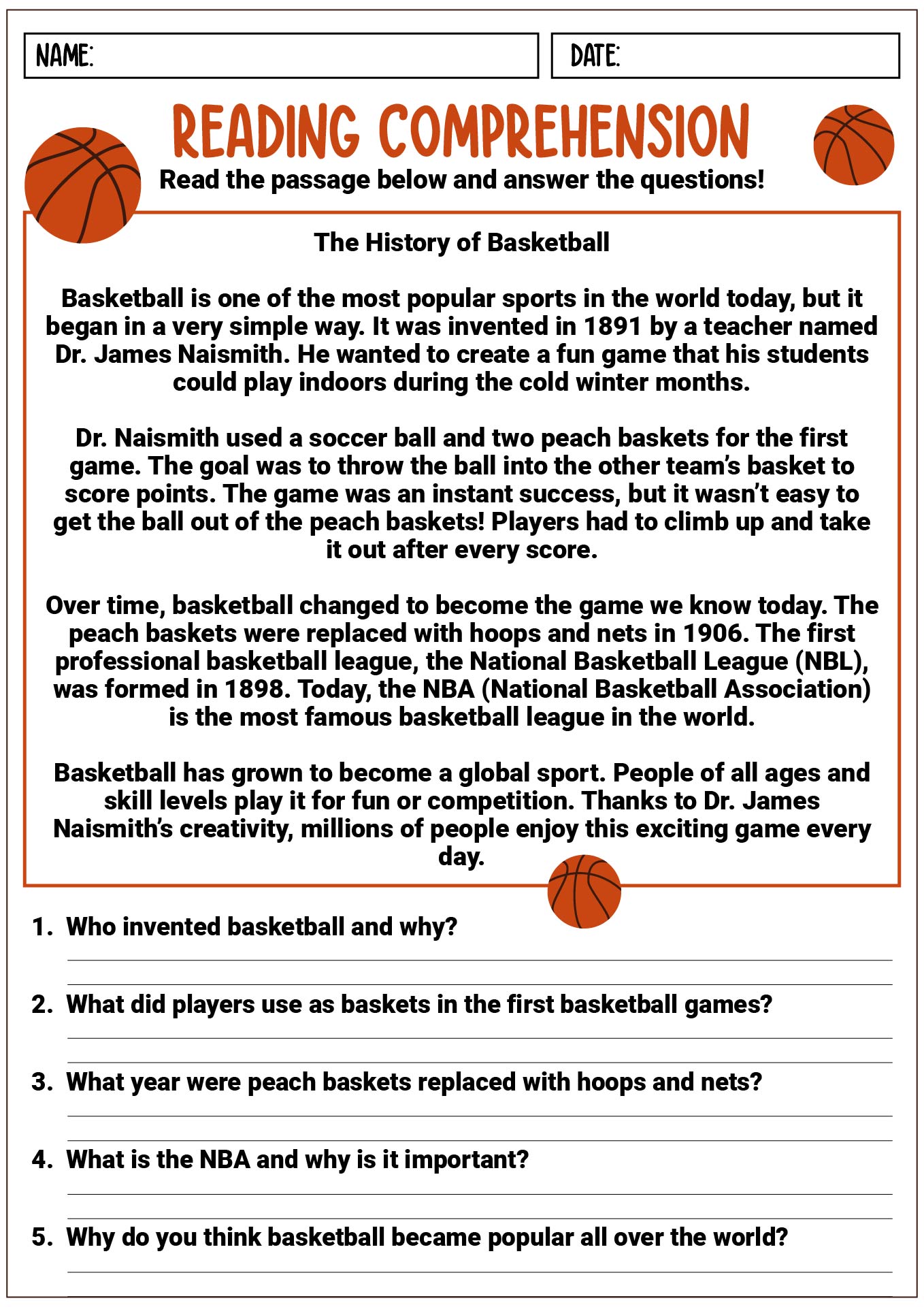 Basketball History Reading Comprehension Exercises