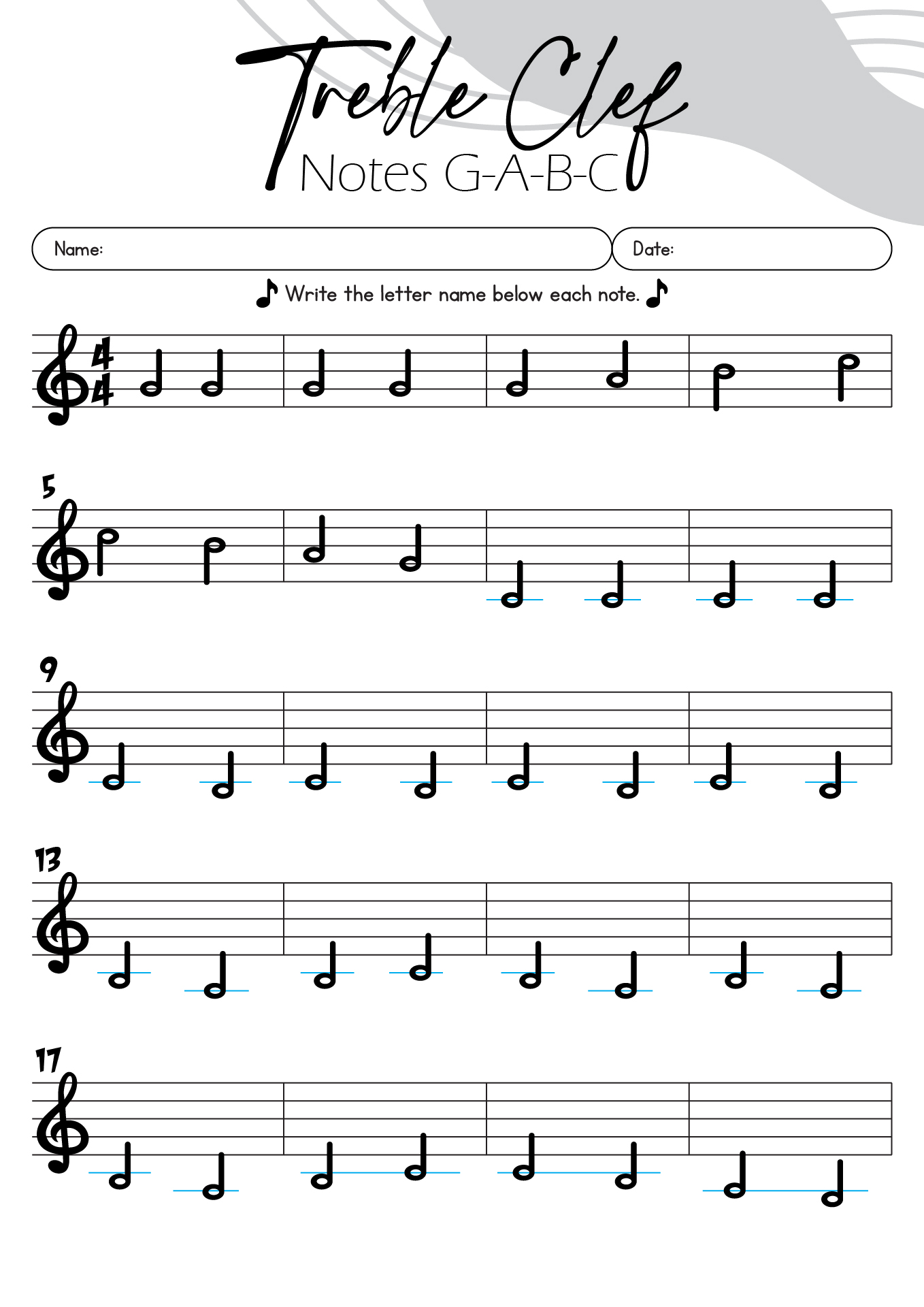 Beginner Music Notes Practice Sheets