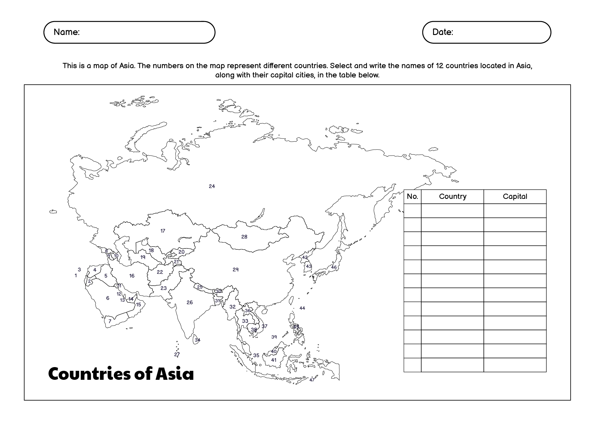 Blank Map of Asia Continent Worksheet Series