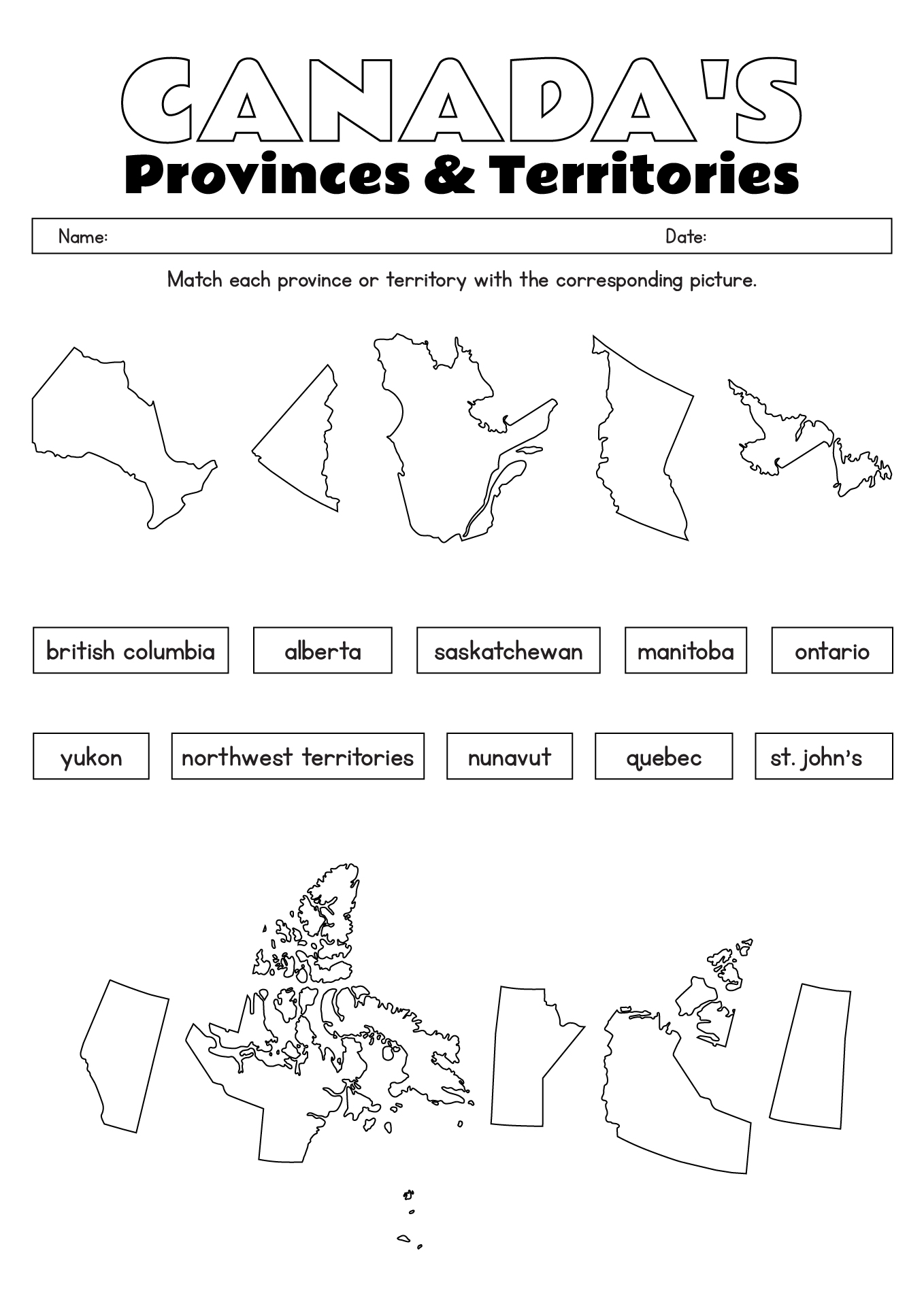 Canada Provinces Map Activity Sheet