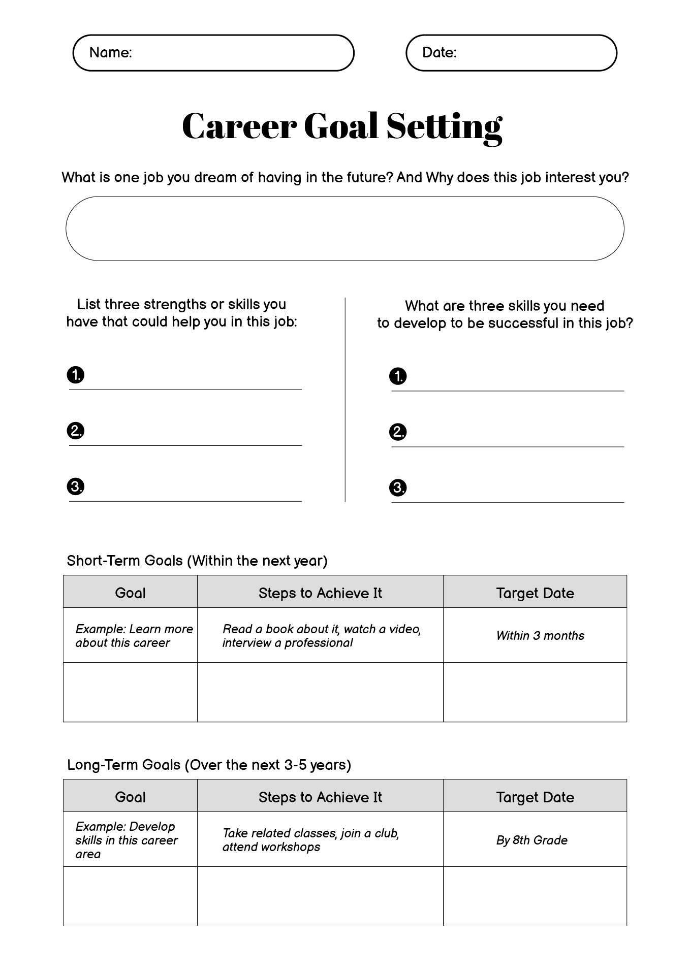 Career Goal Setting Worksheets for Middle School