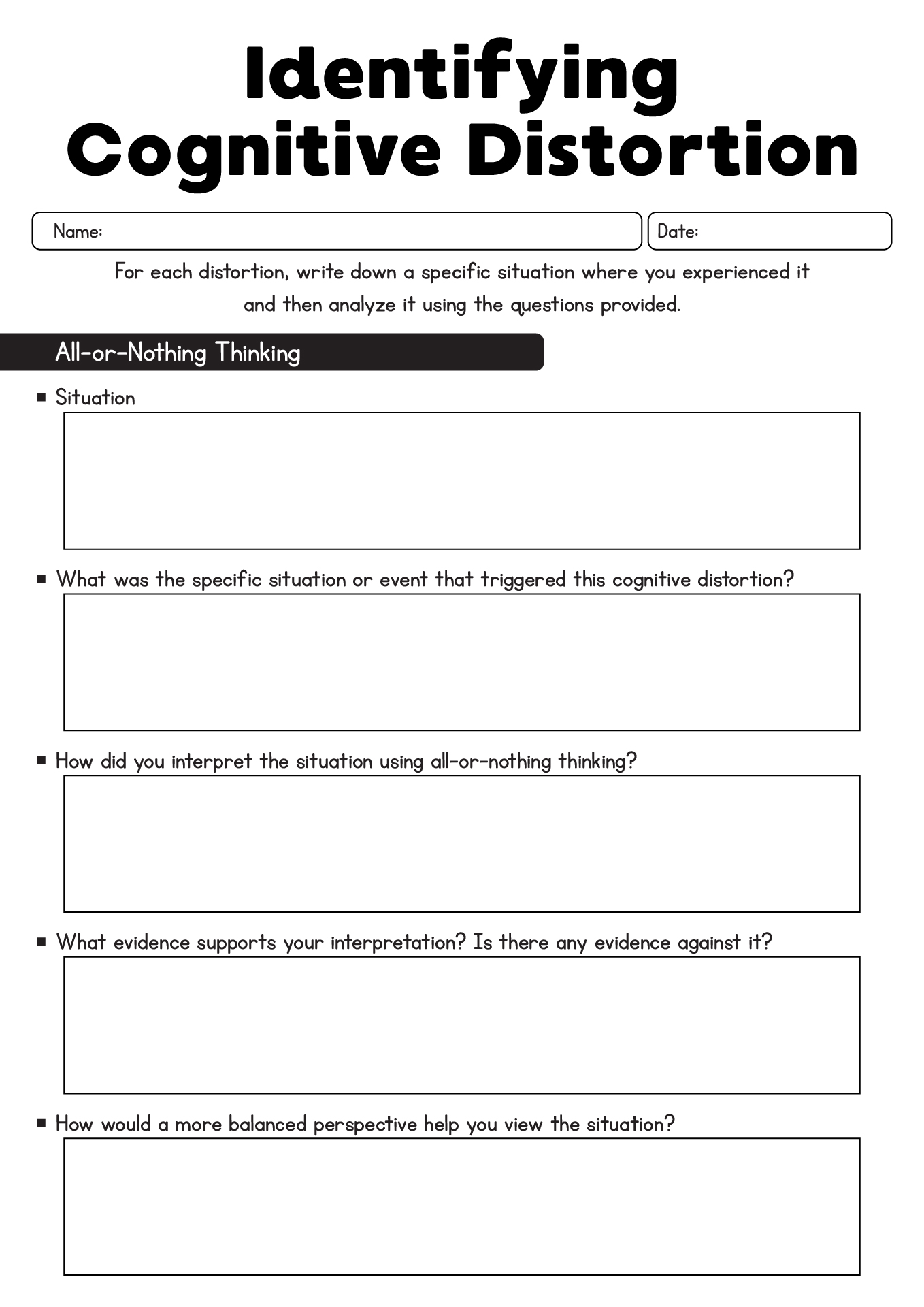 CBT Cognitive Distortions Worksheets