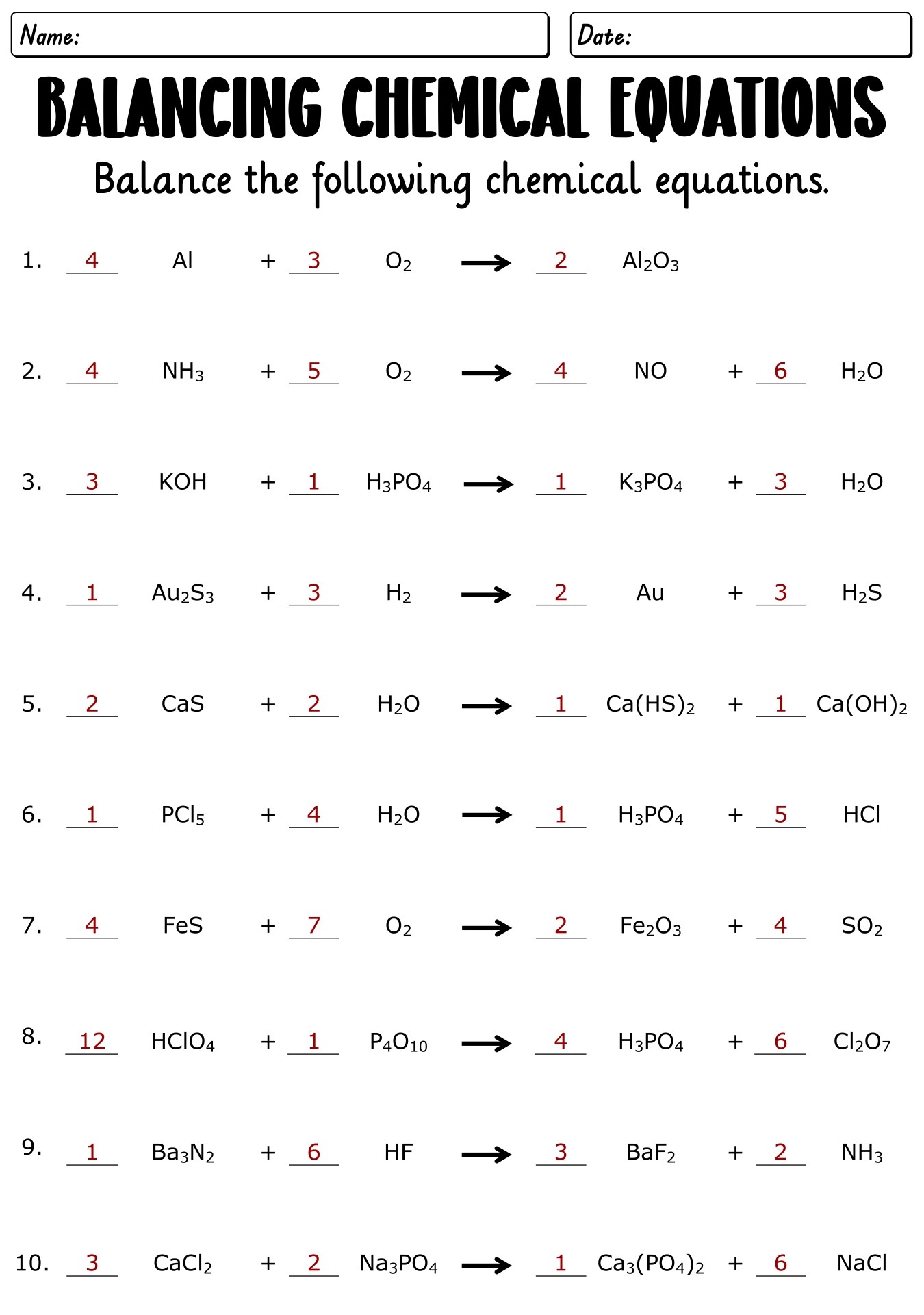 Chemical Equations Balancing Practice Worksheet with Solutions