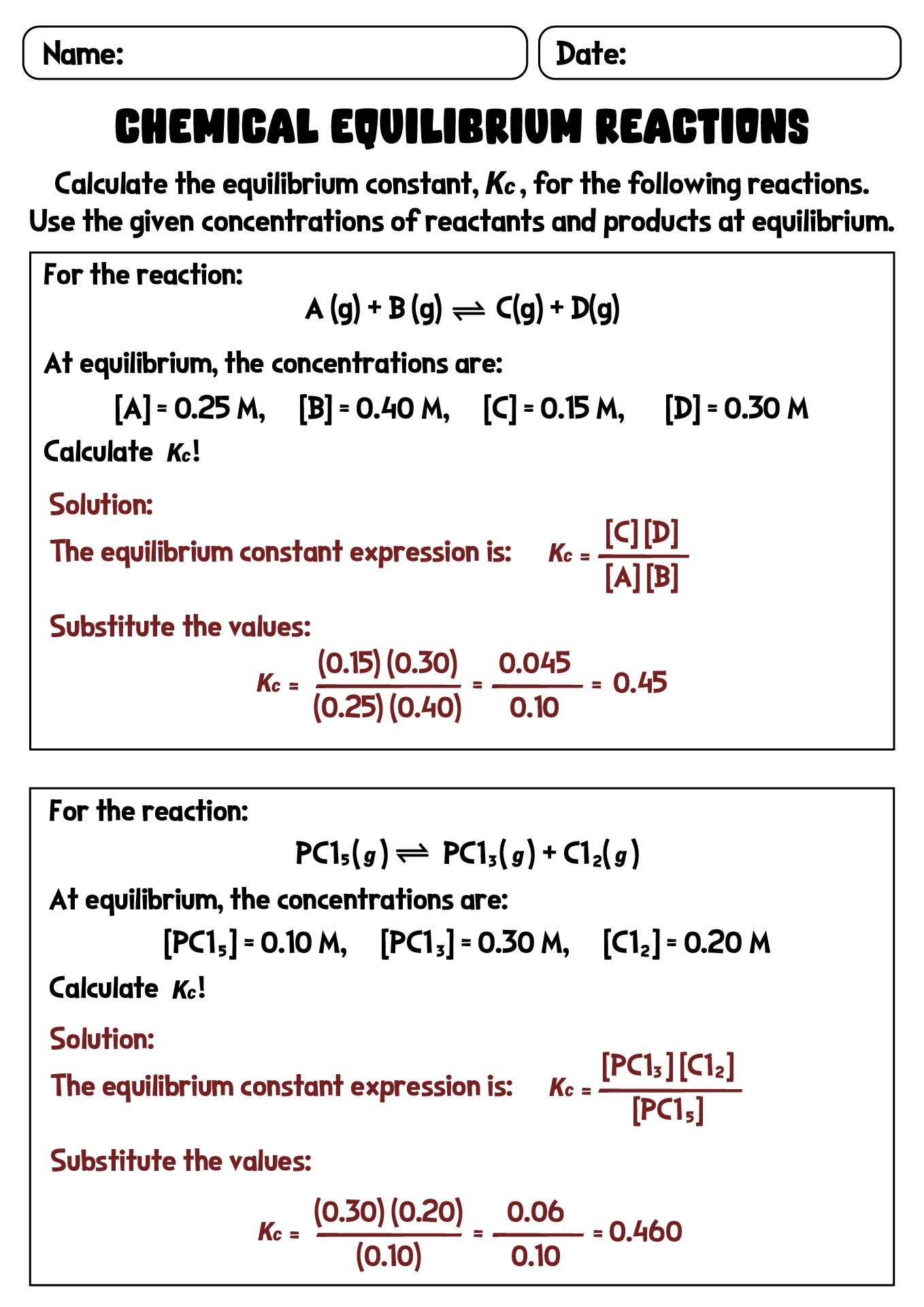 Chemical Equilibrium Reactions Worksheet with Solutions