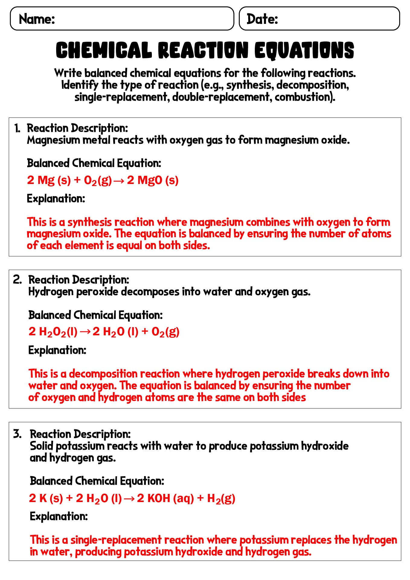 Chemical Reaction Equations Worksheet with Detailed Answers