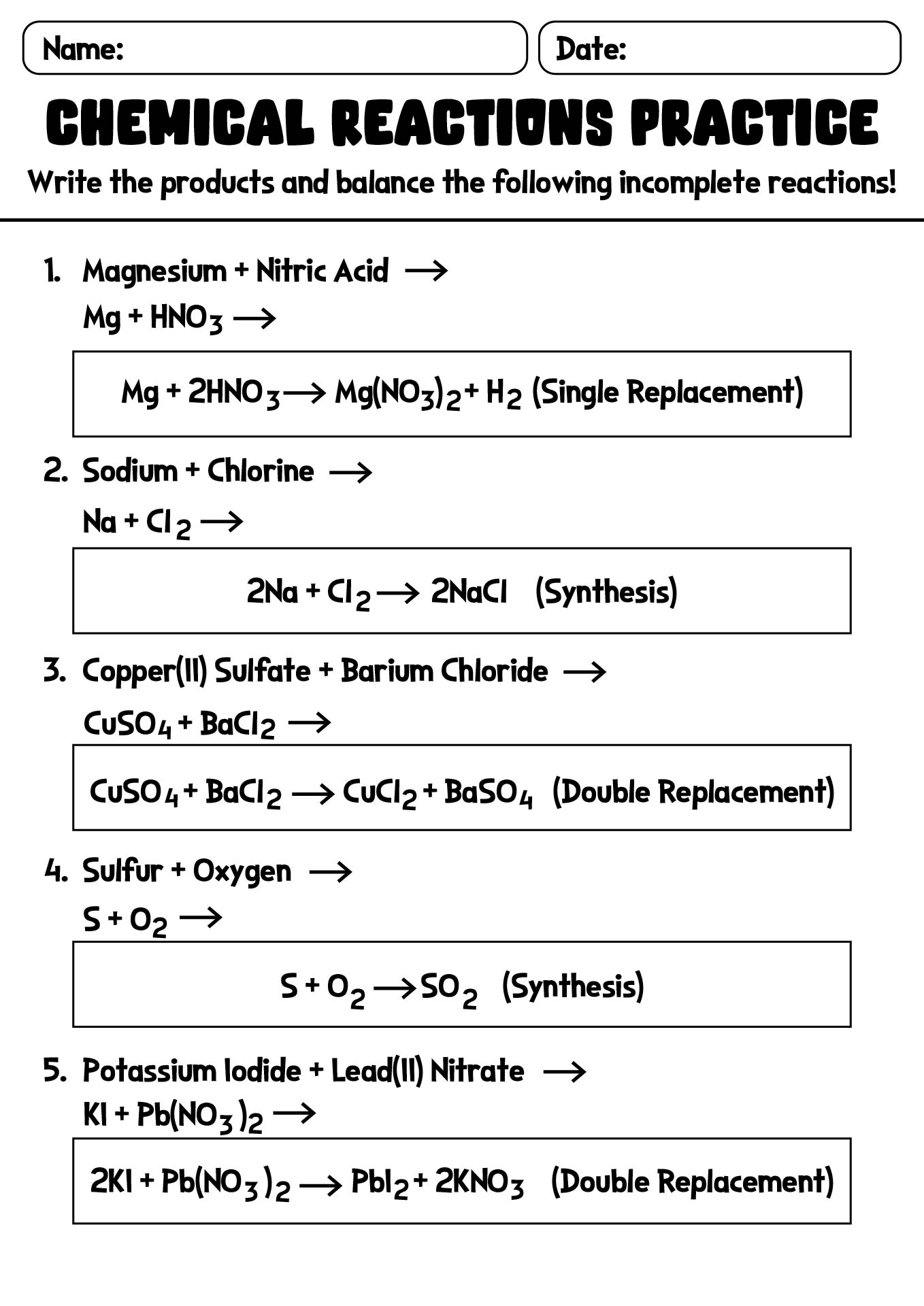 Chemical Reactions Practice Worksheet with Solutions