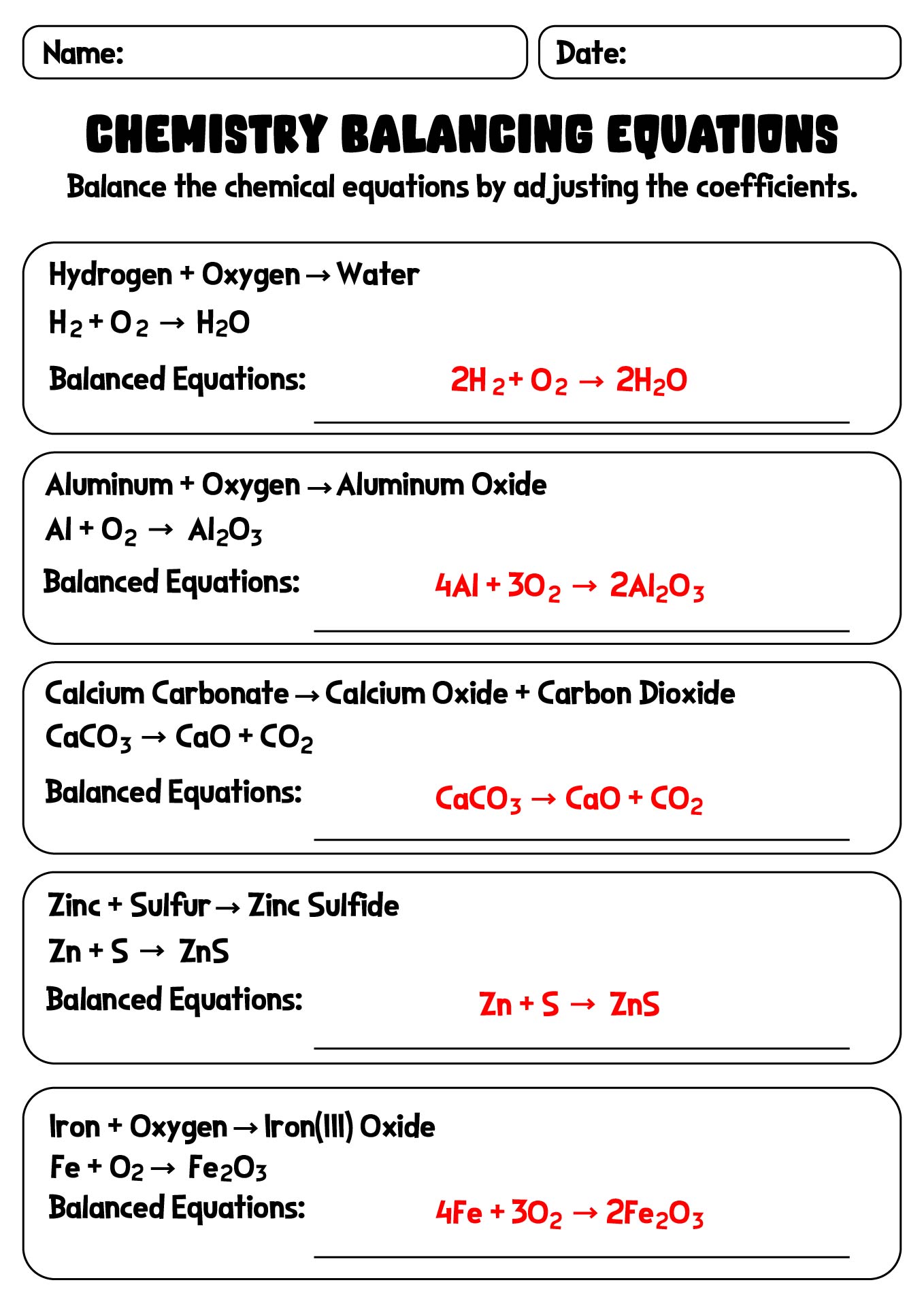 Chemistry Balancing Equations Worksheet with Key