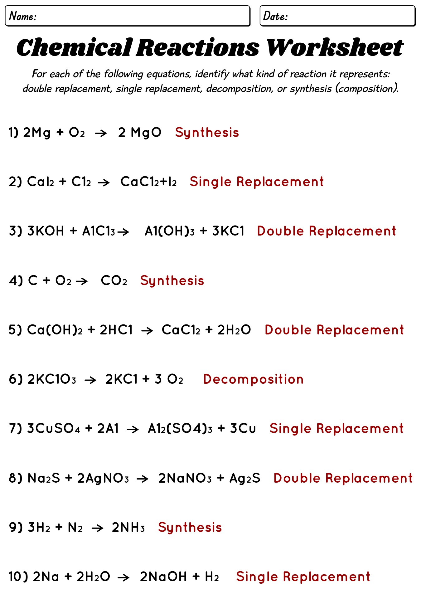 Chemistry Reactions Worksheet with Answers