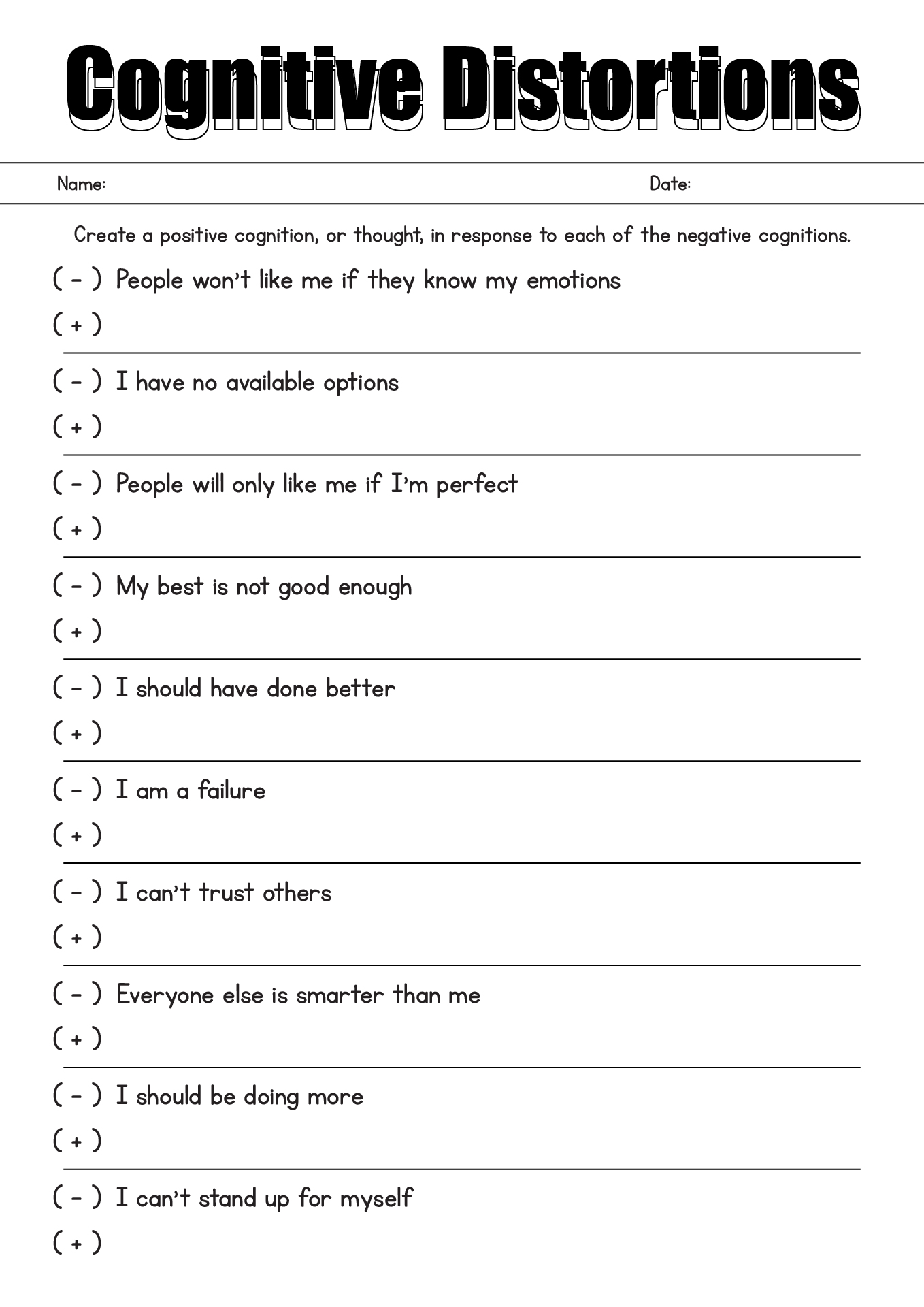 Cognitive Distortions Worksheets For Adults