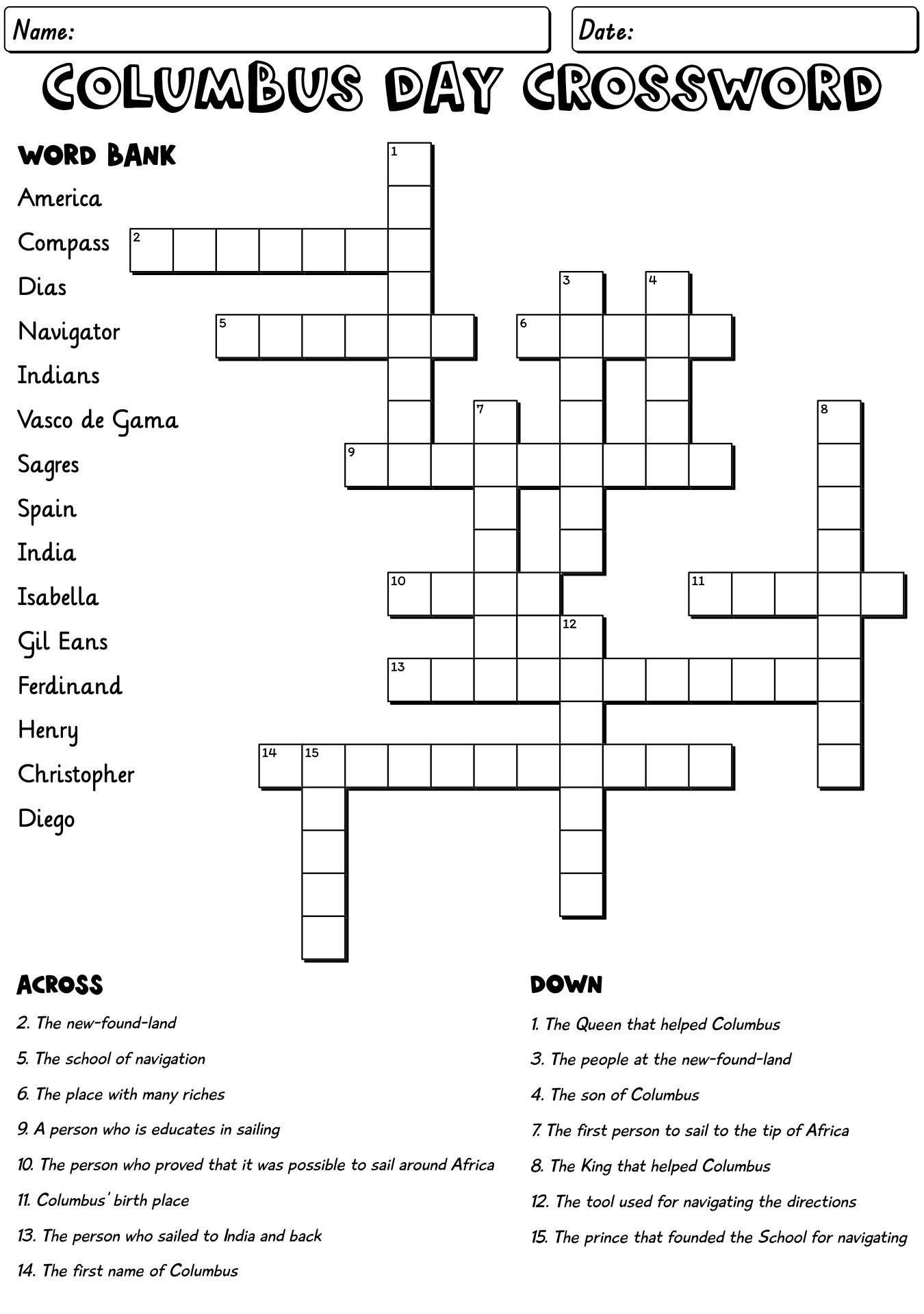 Columbus Day Crossword Puzzles