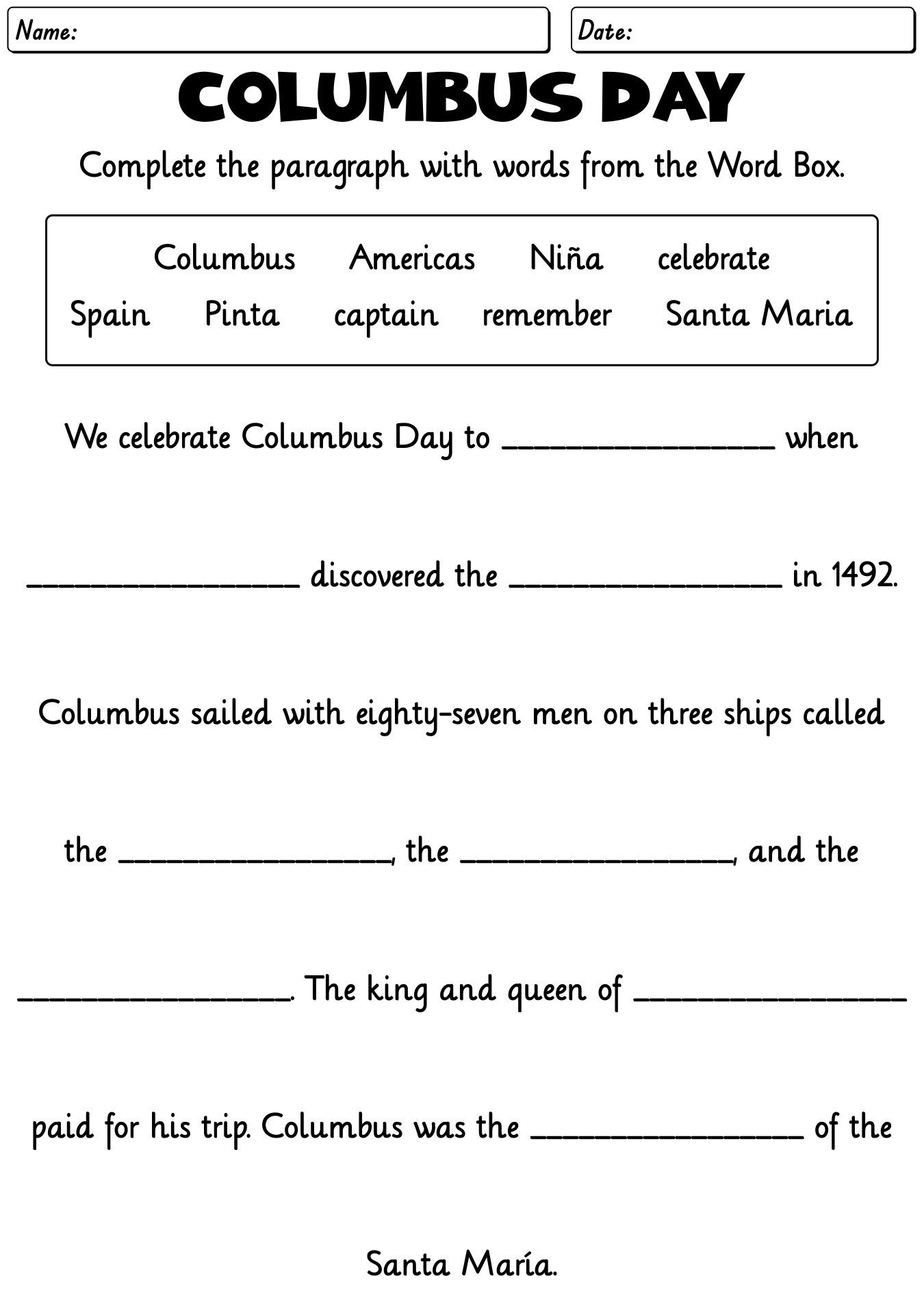 Columbus Day History Worksheets