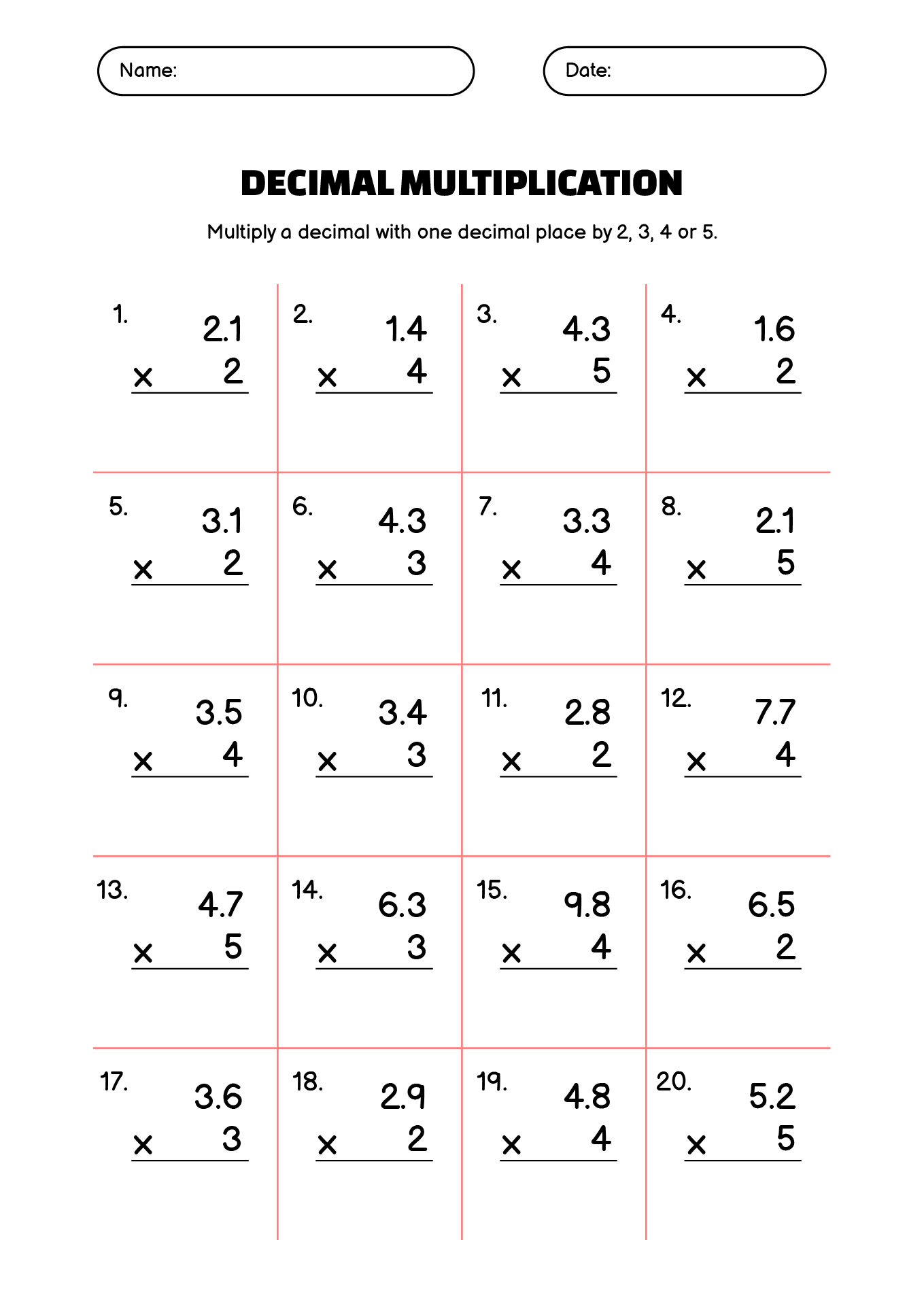 Comprehensive Decimal Multiplication Skill Sheet