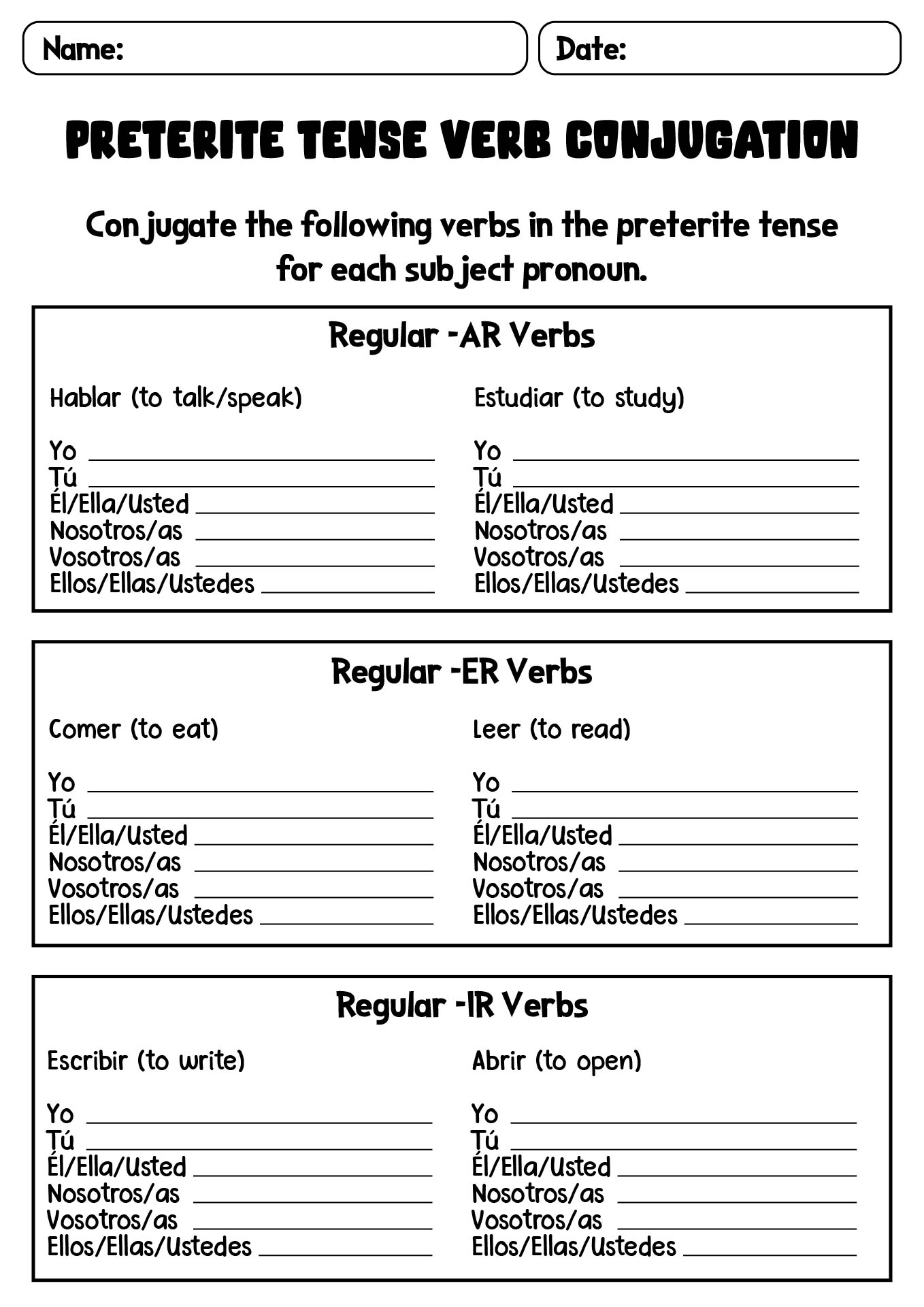 Comprehensive Preterite Tense Verb Conjugation Worksheets