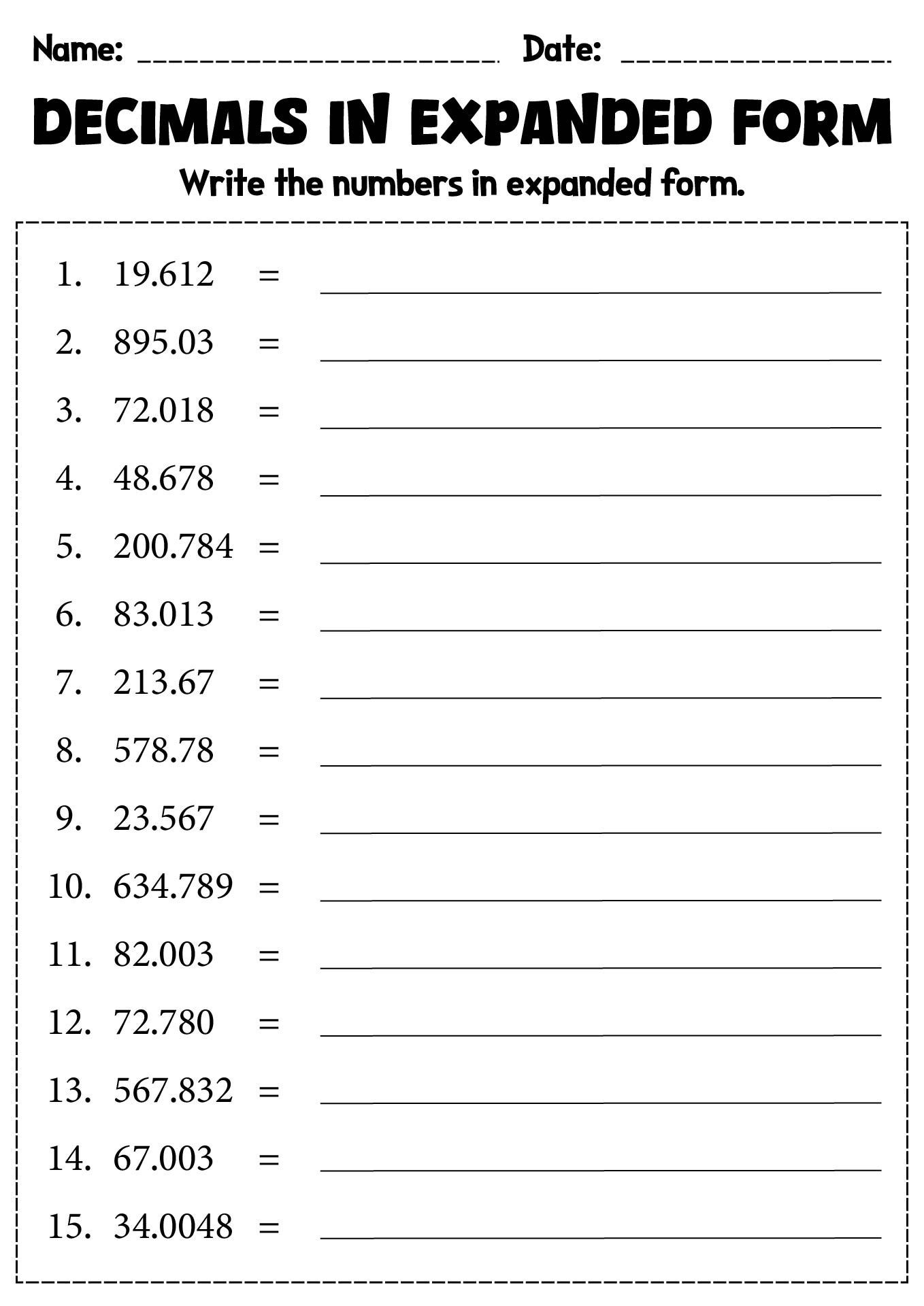 Decimal Place Value Expanded Form Practice Sheets