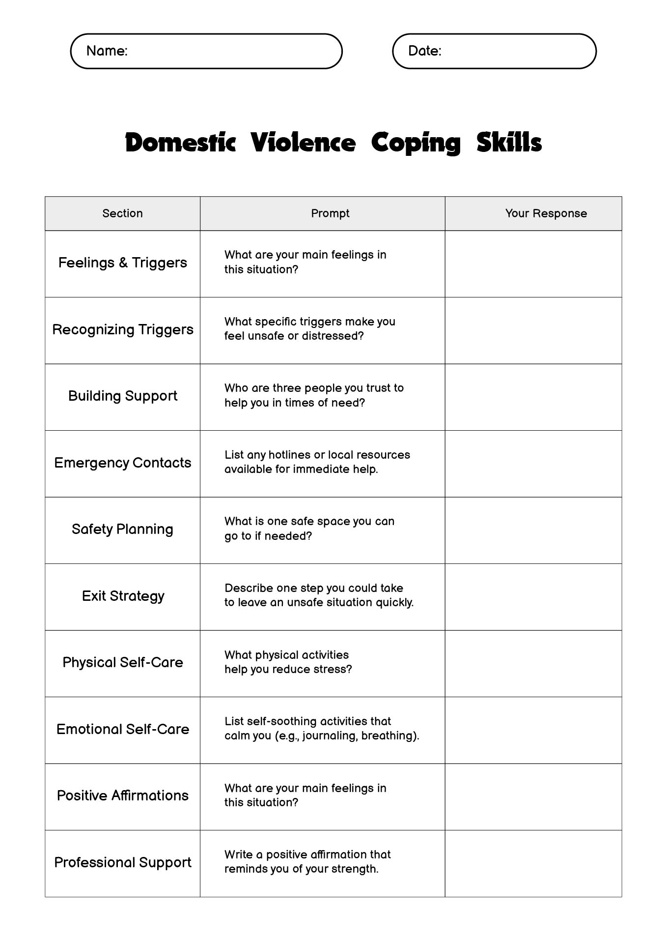 Domestic Violence Coping Skills Worksheets