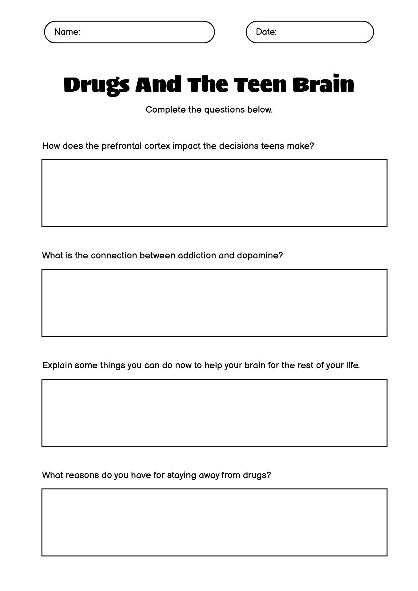 Drugs and the Brain Worksheet for College Neuroscience