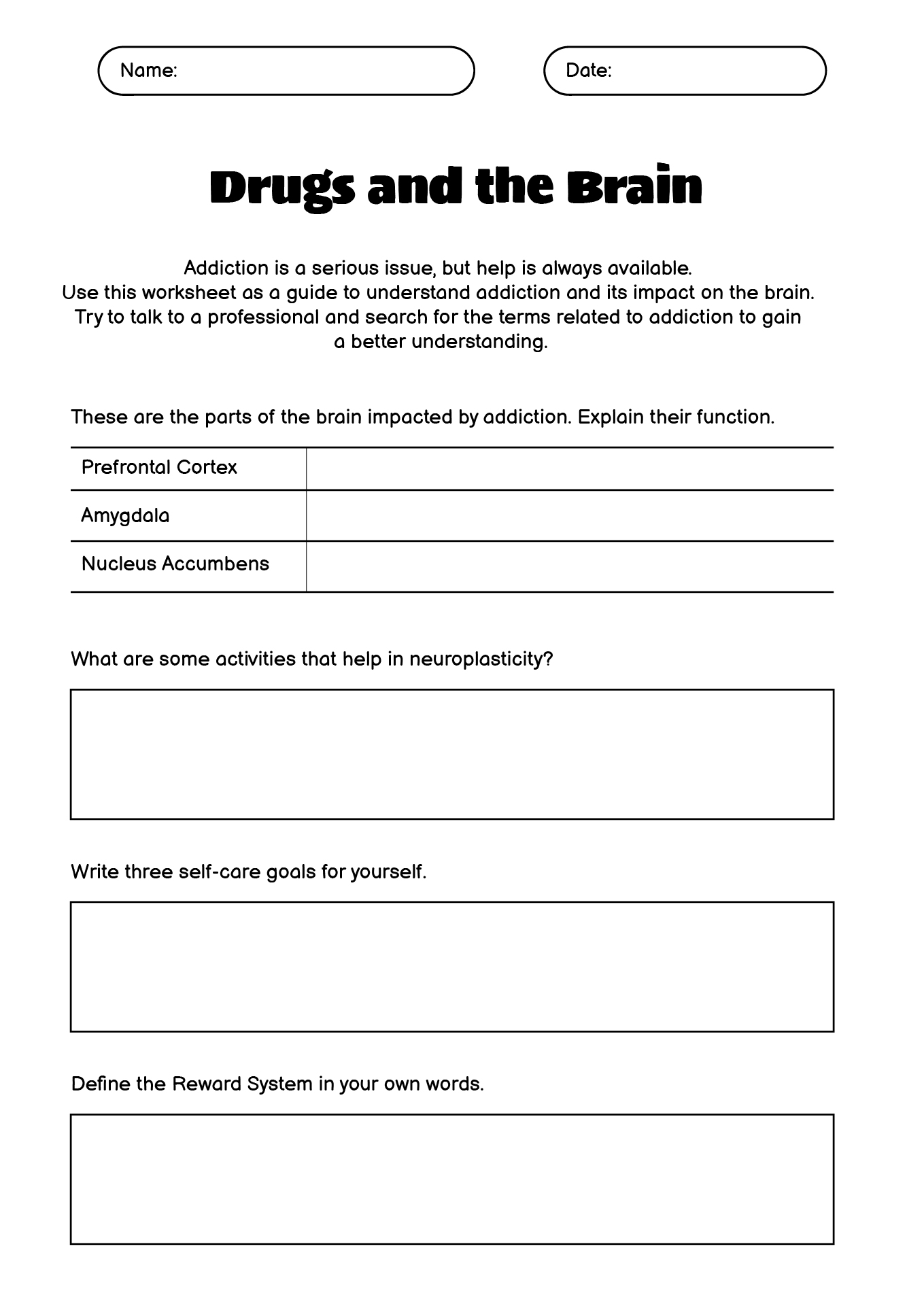 Drugs and the Brain Worksheet for High School Students