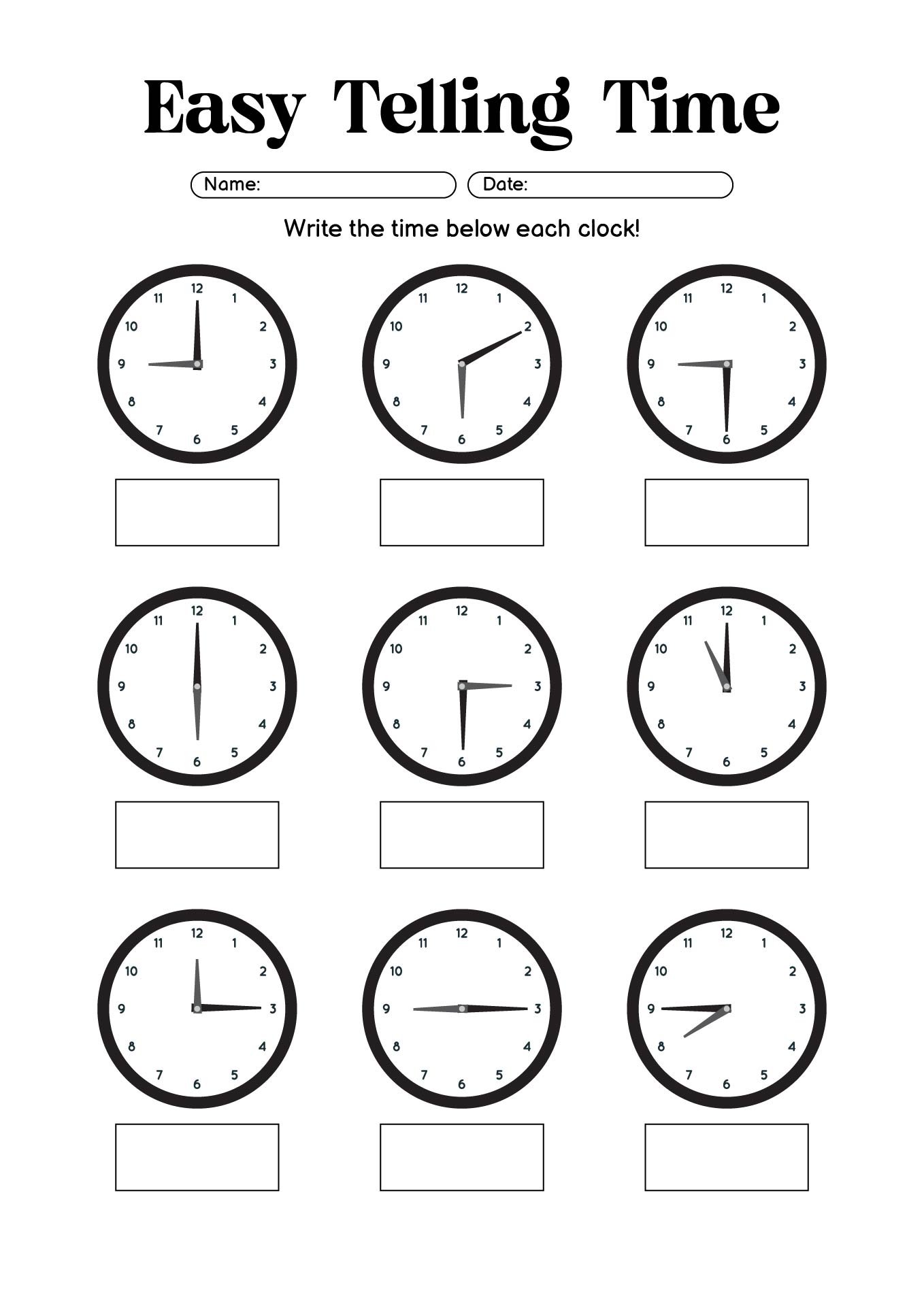 Easy Telling Time Sheets for 1st Grade