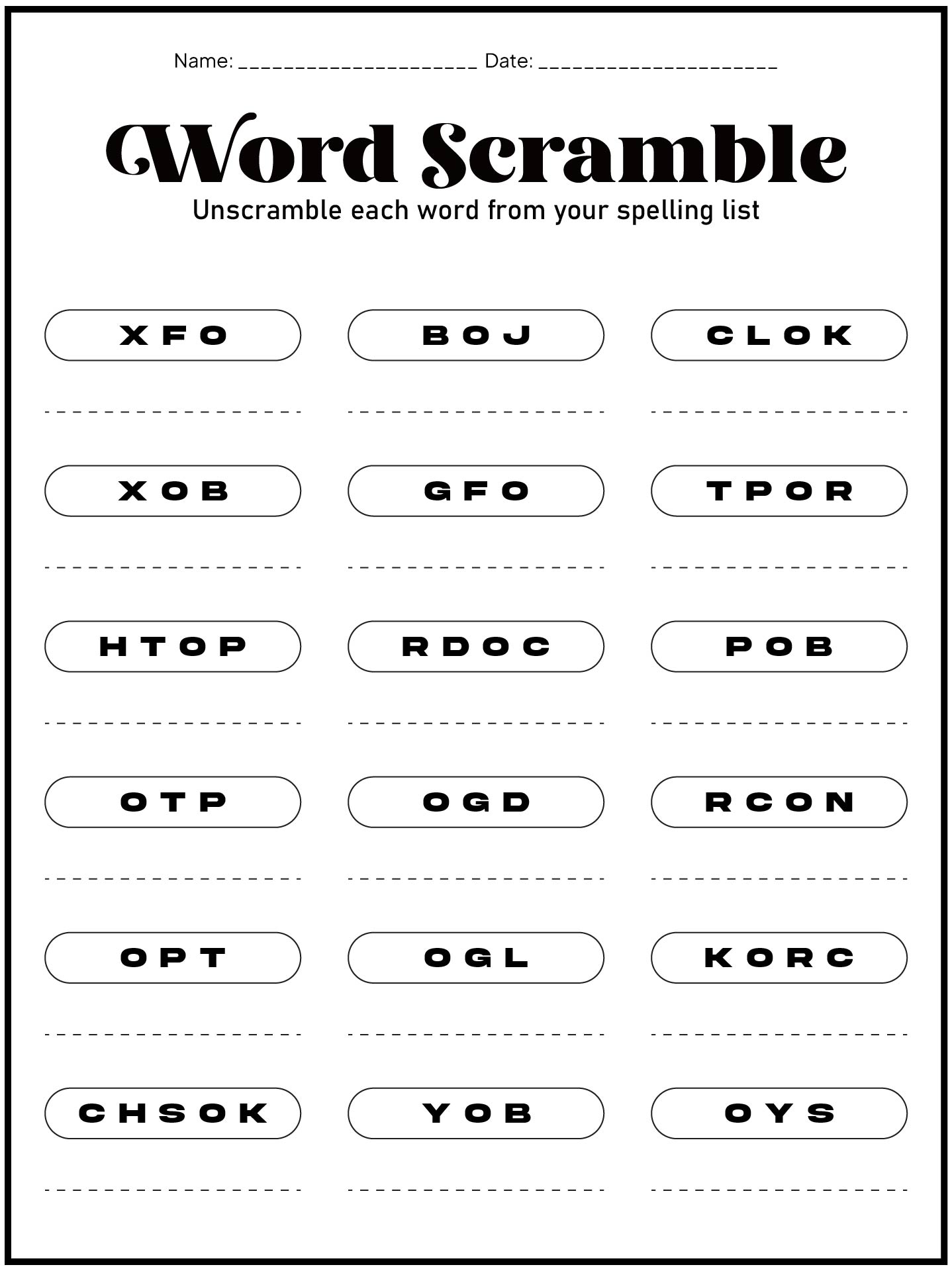 Elementary Spelling Test Worksheet