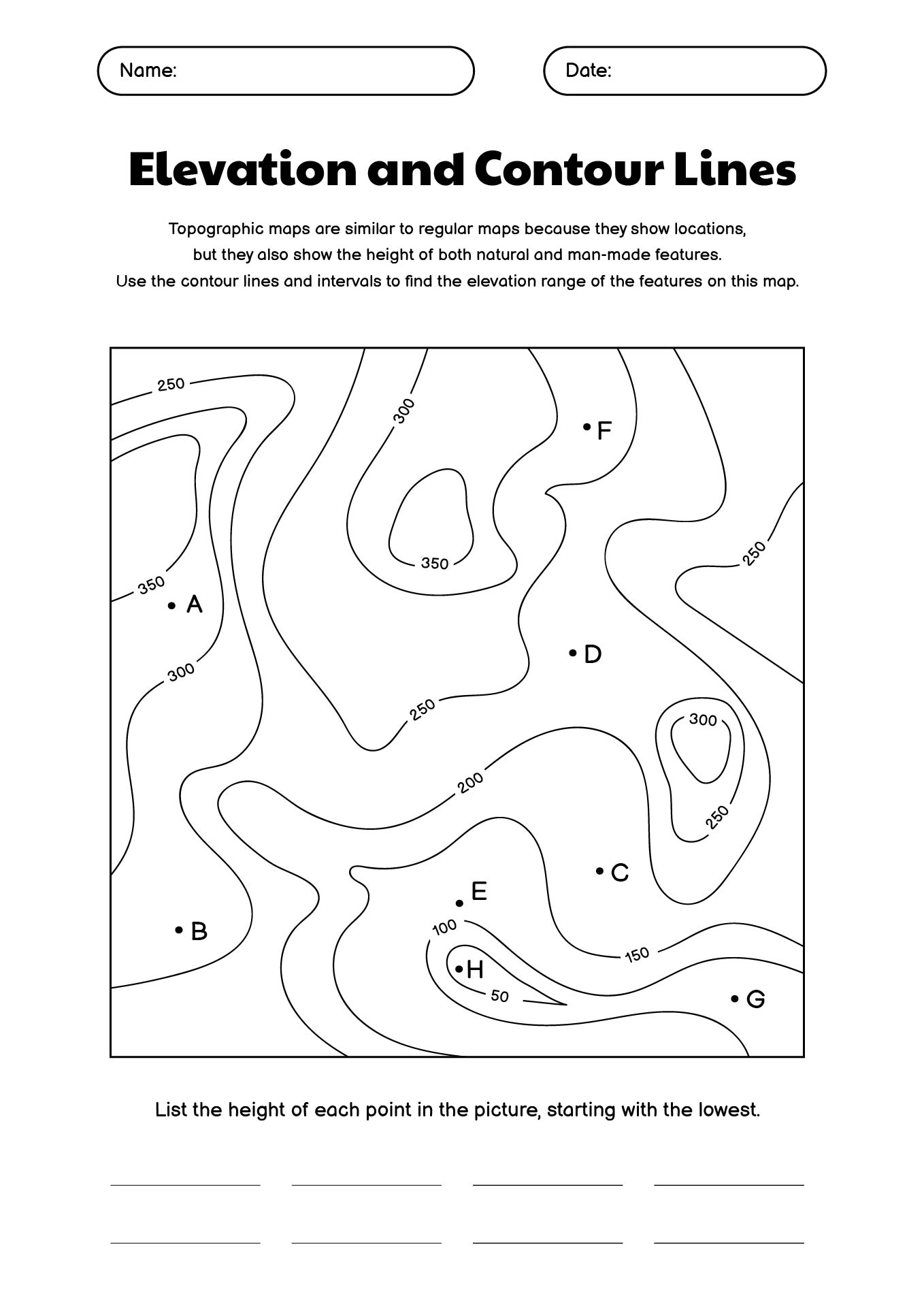 Elevation and Contour Lines Study Worksheet