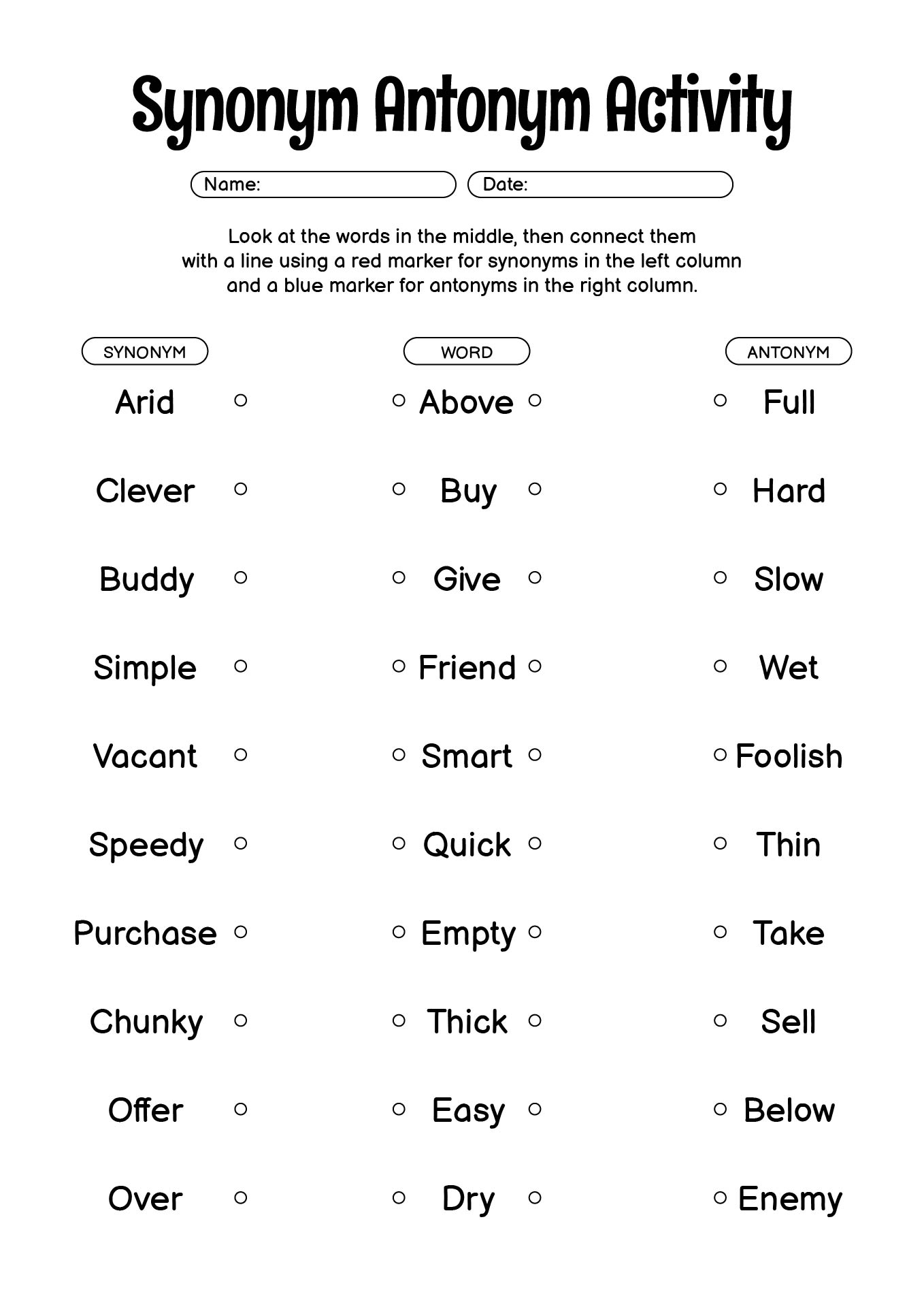 English Synonyms and Antonyms Worksheets