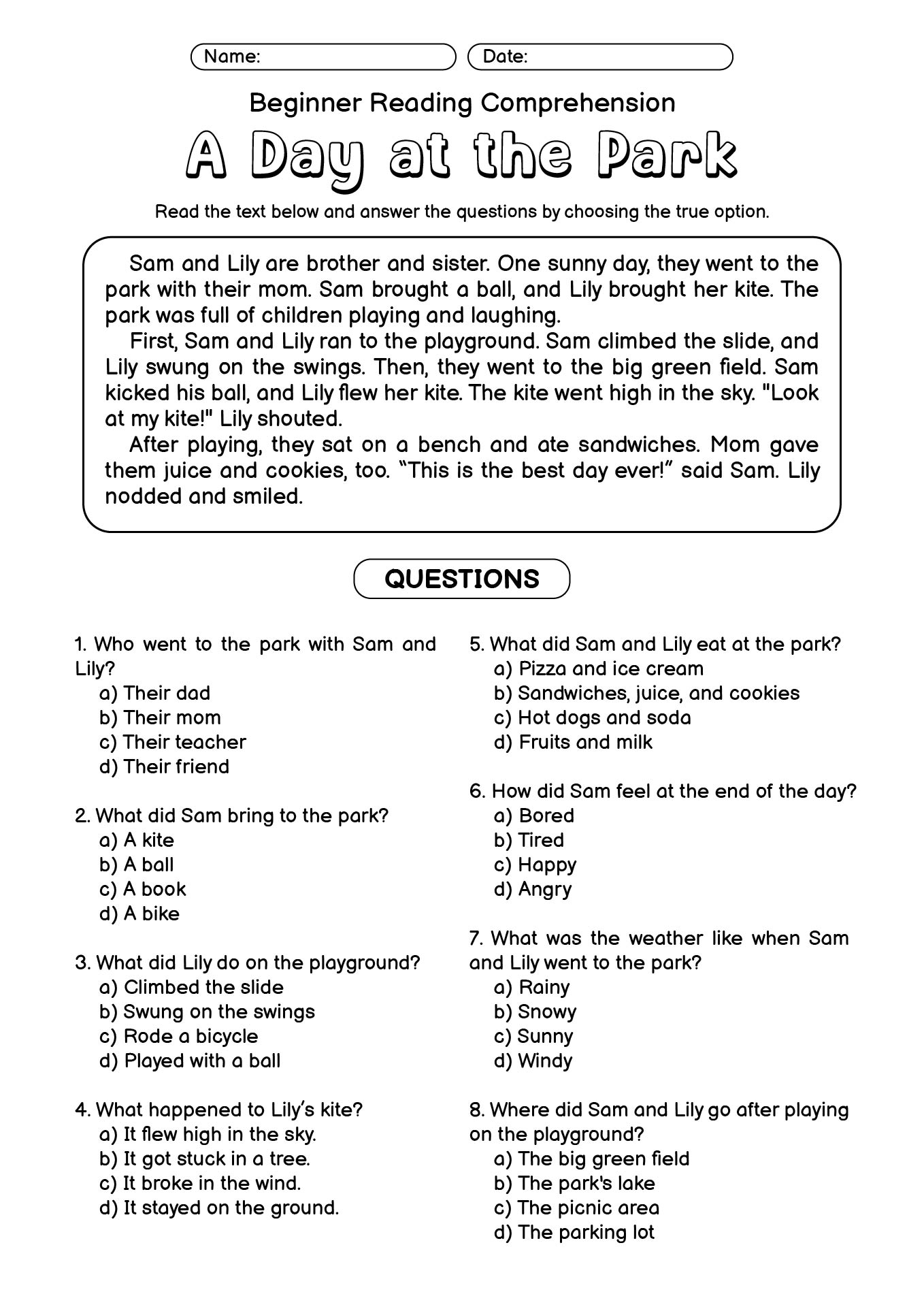 ESL Beginner Reading Comprehension Worksheets