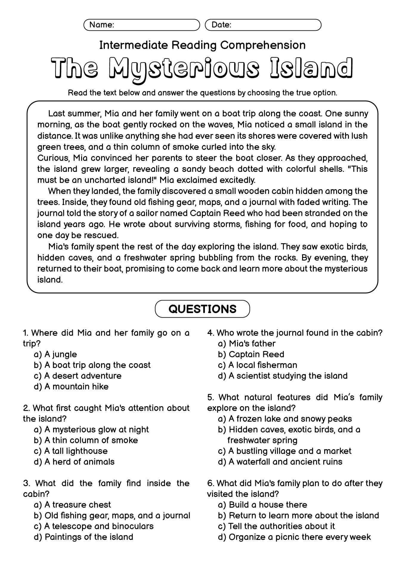 ESL Intermediate Reading Comprehension Worksheets