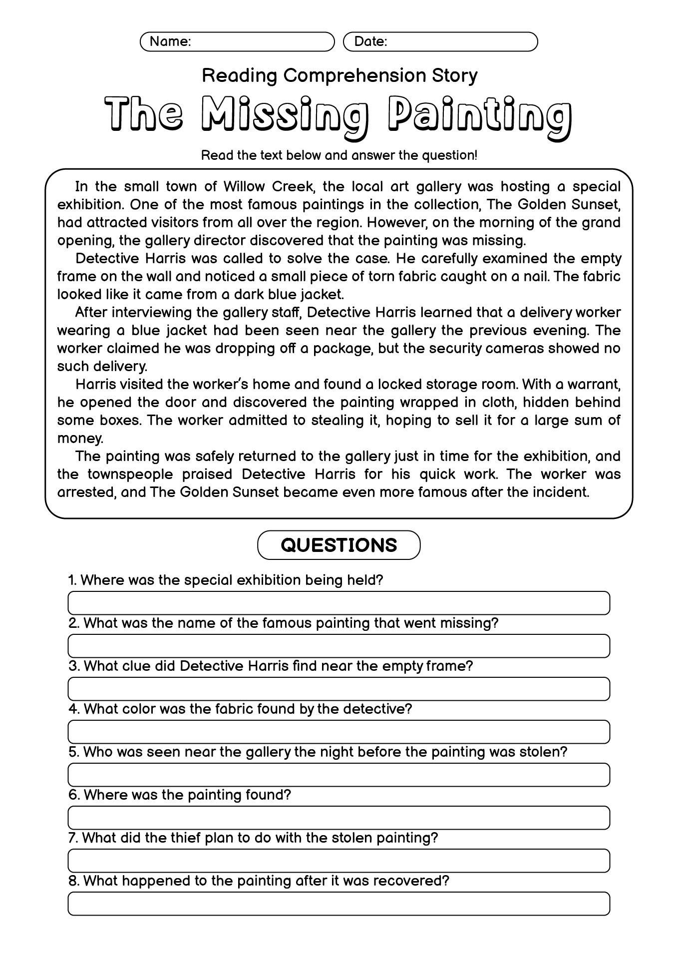 ESL Reading Comprehension Story Worksheets