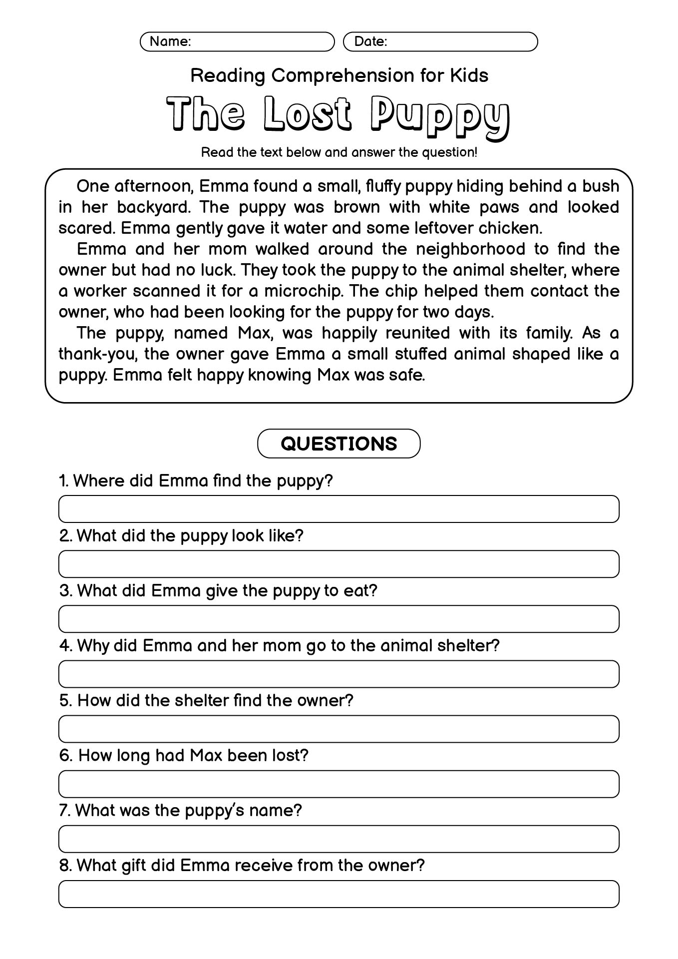 ESL Reading Comprehension Worksheets for Kids