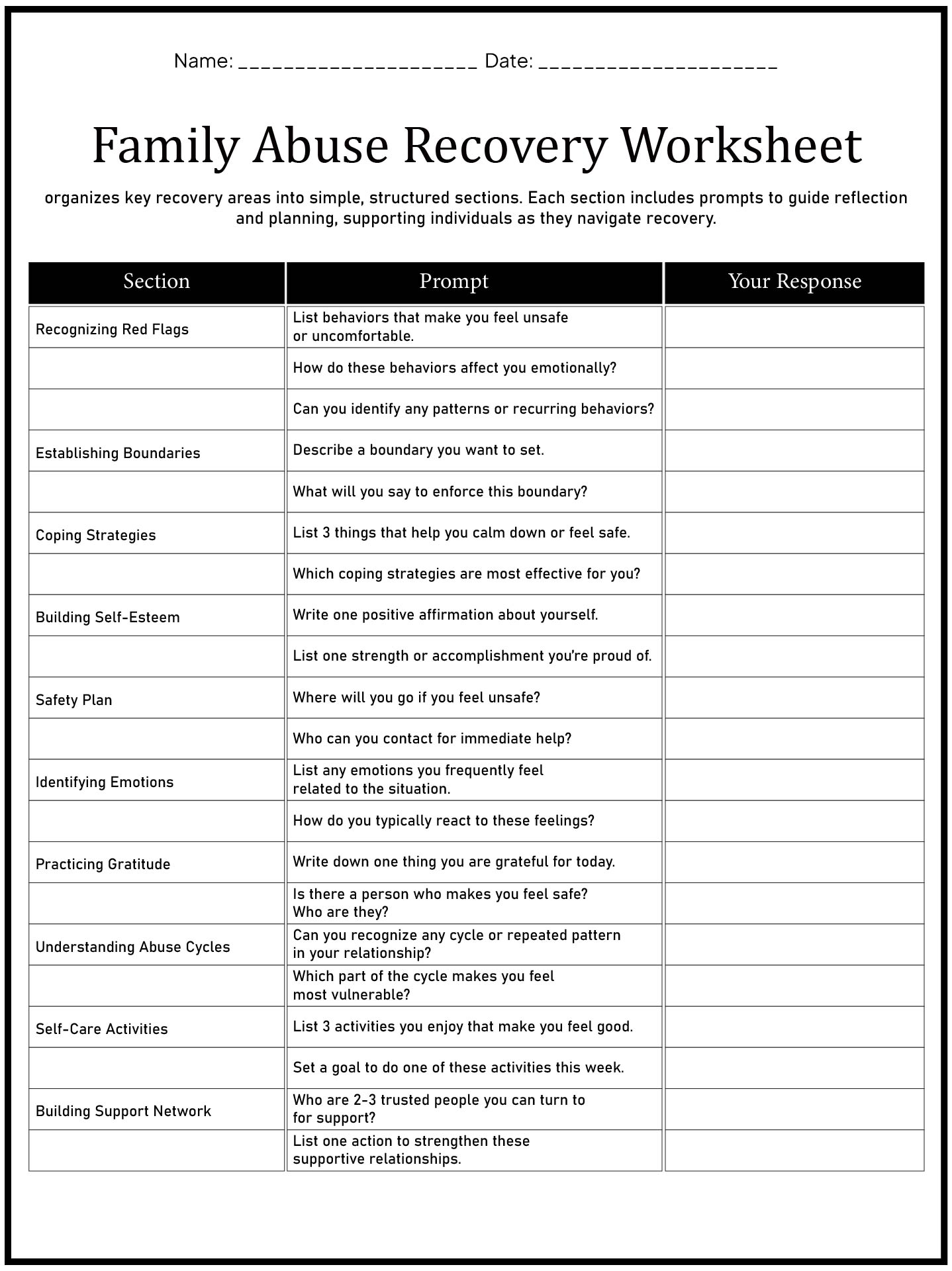 Family Abuse Therapy Sheets