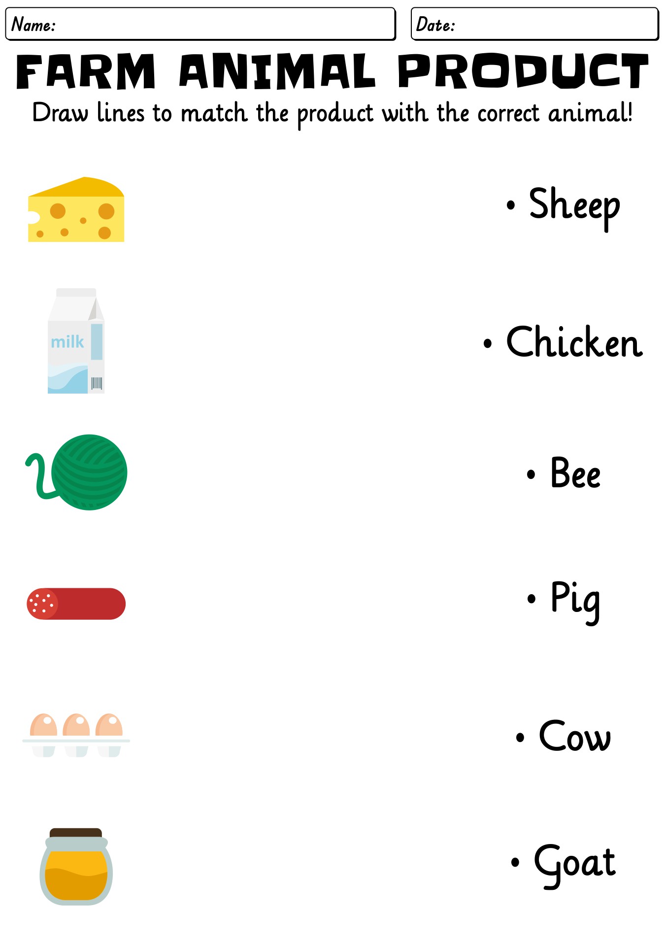 Farm Animal Products Match Worksheet For Preschool