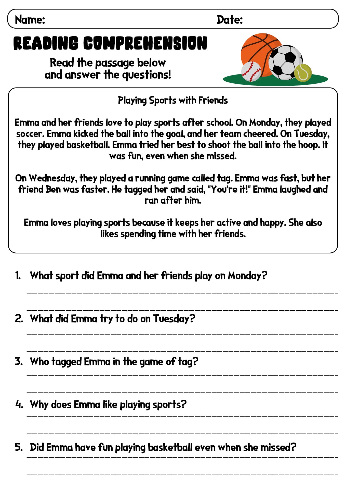 First Grade Reading Comprehension Worksheet Sport Games