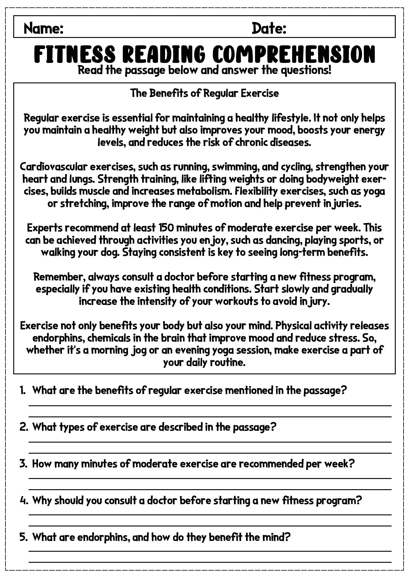 Fitness Reading Comprehension Worksheet