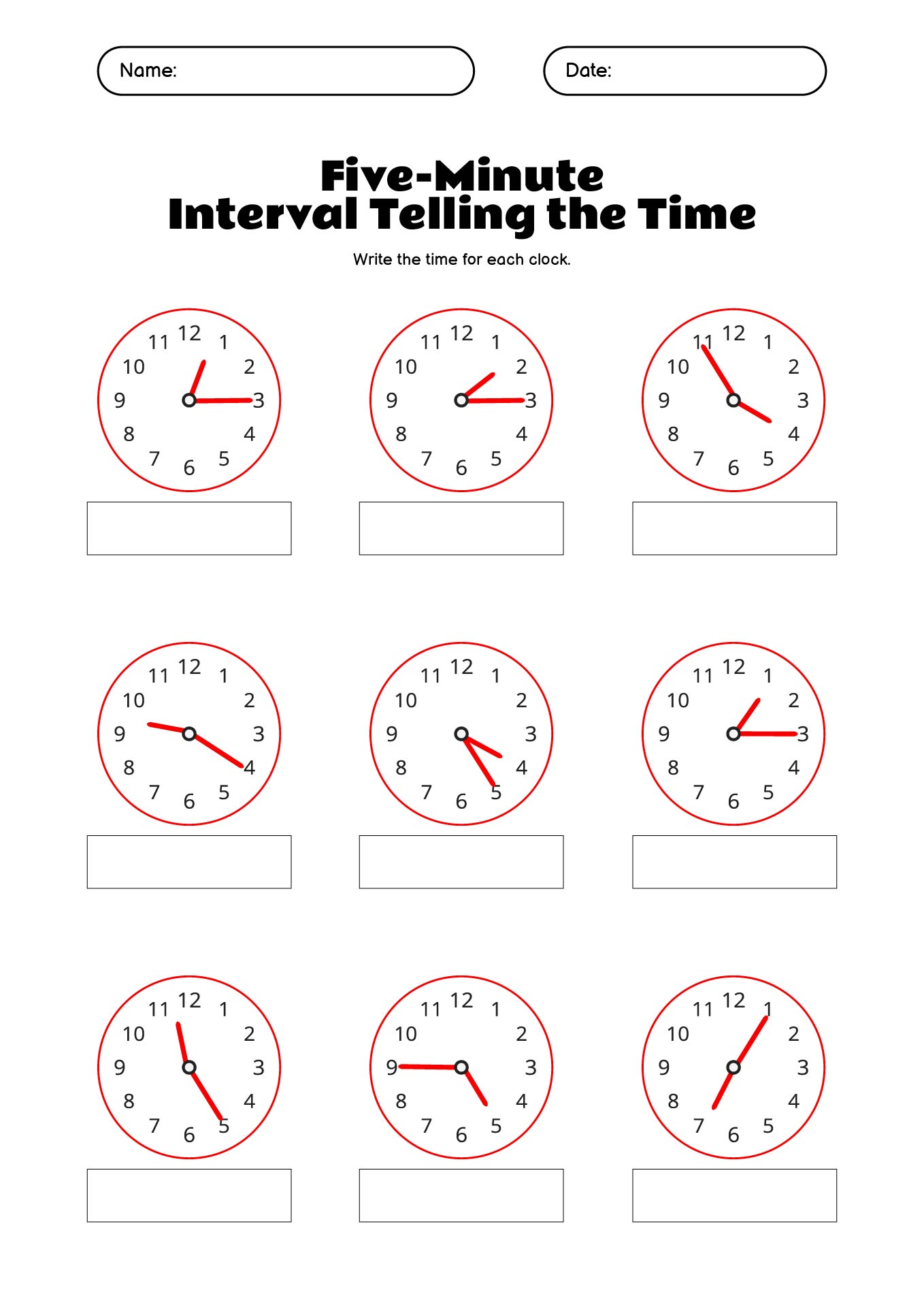 Five-Minute Interval Telling the Time Worksheet