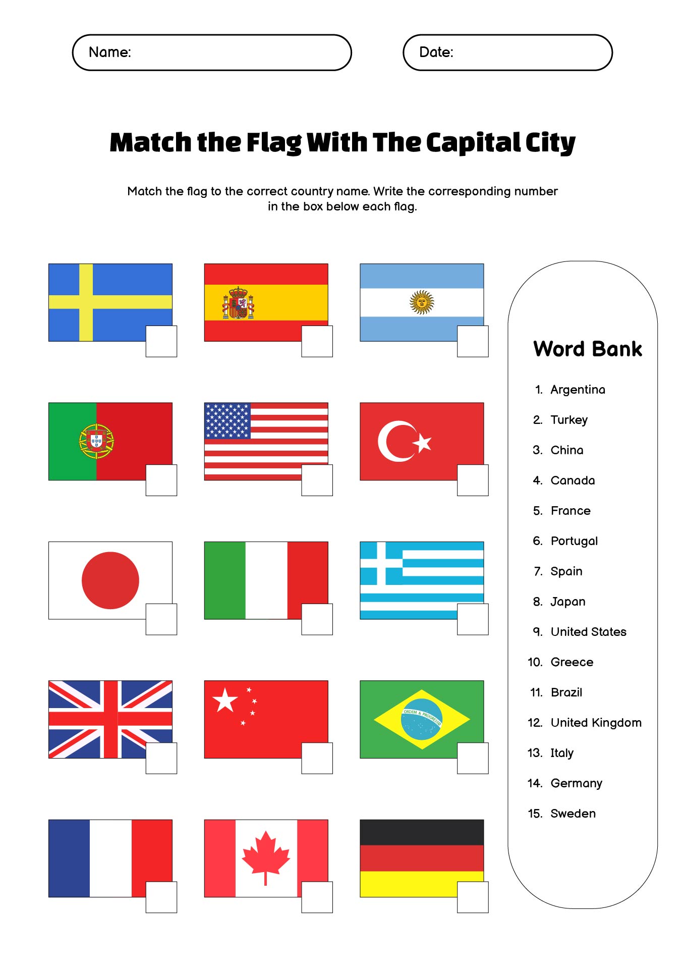 Flag and Capital Matching Worksheet Printable