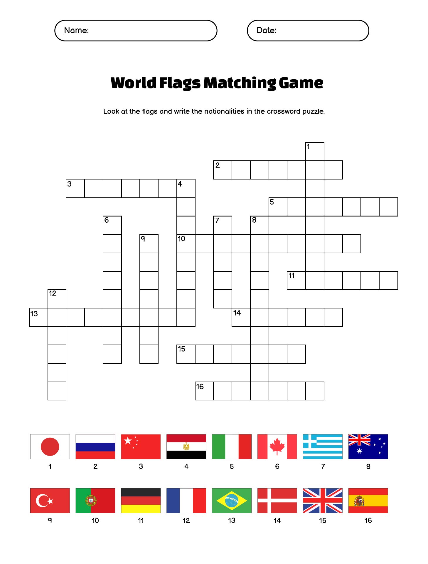 Flags of the World Crossword Puzzle Printable