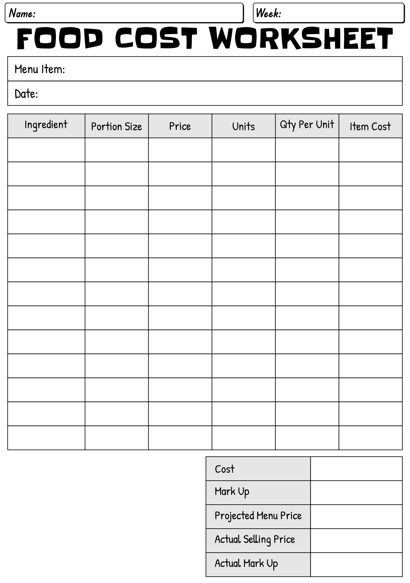 Food Cost Analysis Worksheet