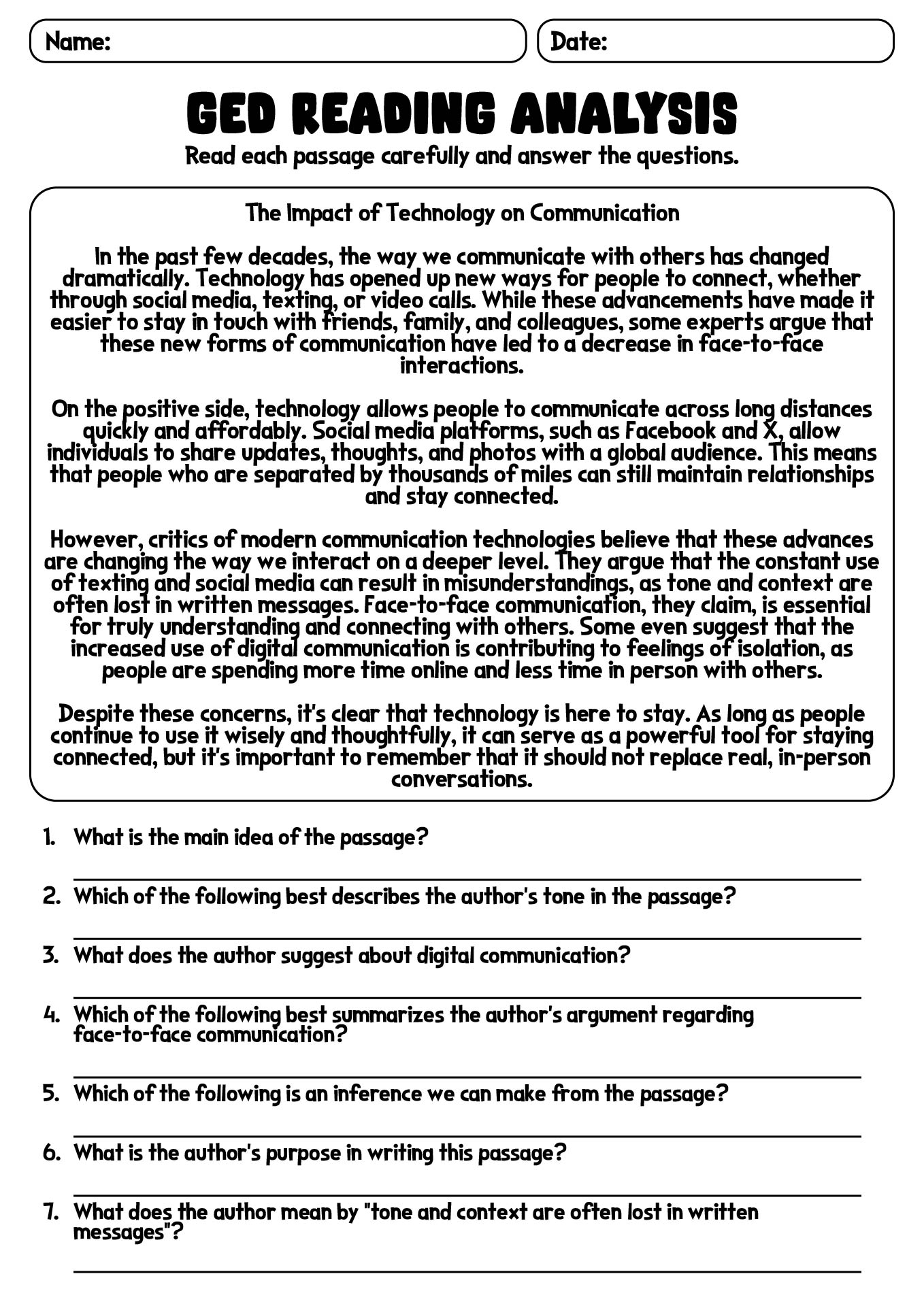 GED Reading Analysis Practice Worksheets