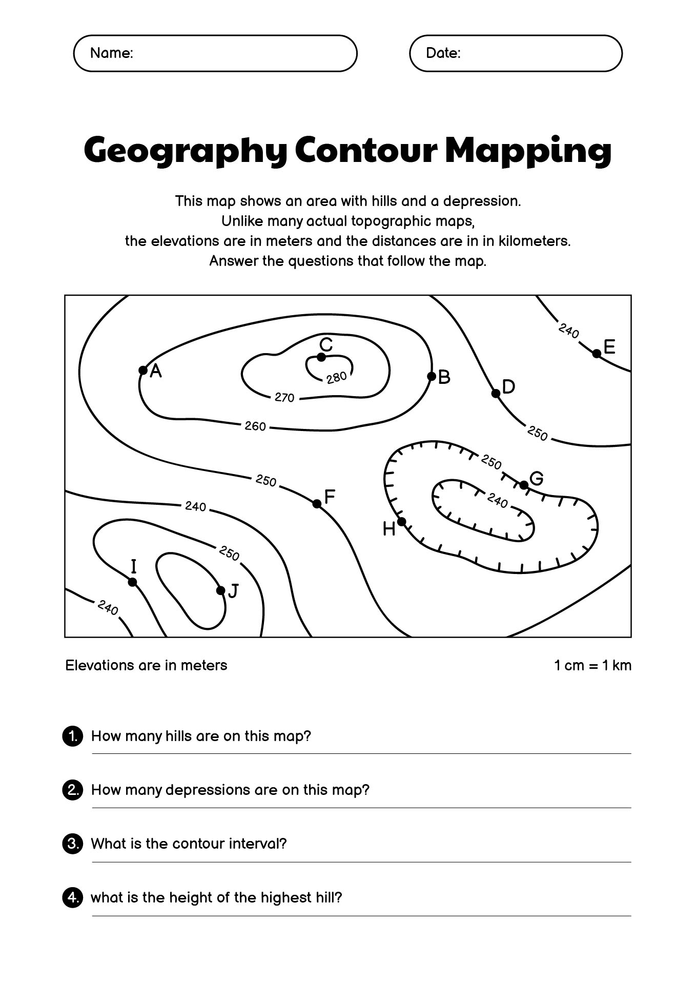 Geography Contour Mapping Exercises Worksheet