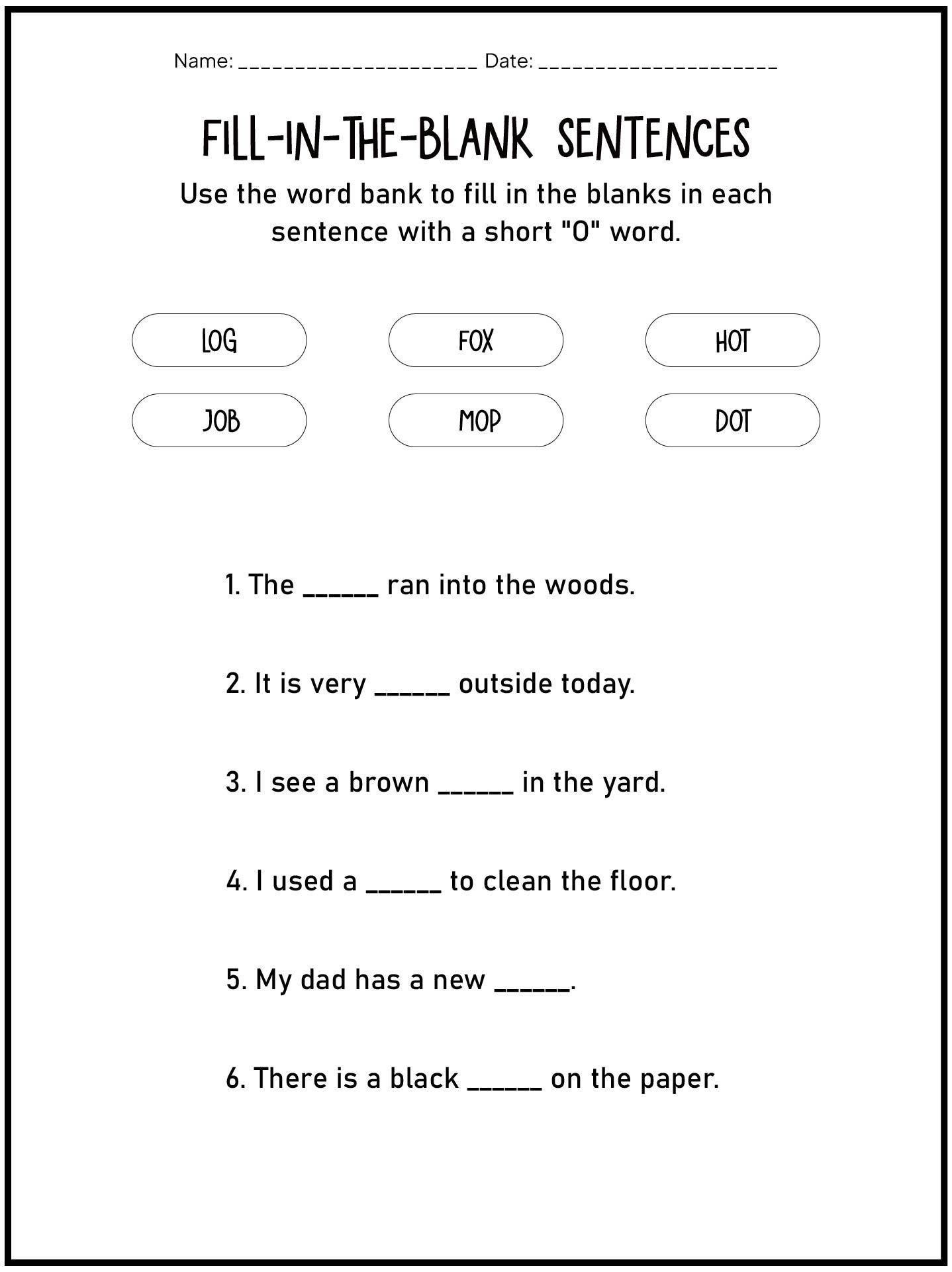 Grade 1 Worksheets for Short O Vowel Sounds