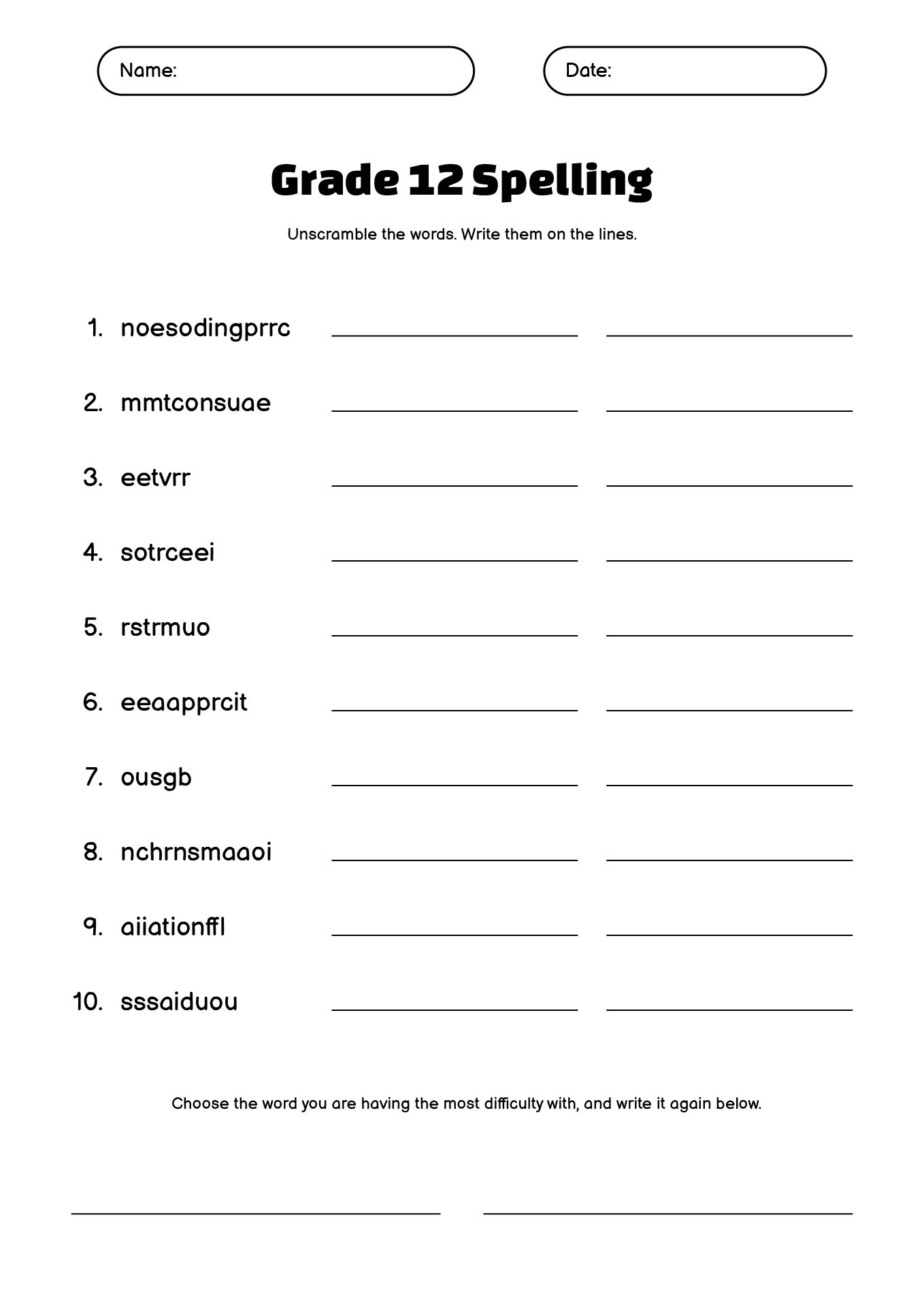 Grade 12 Spelling Worksheets