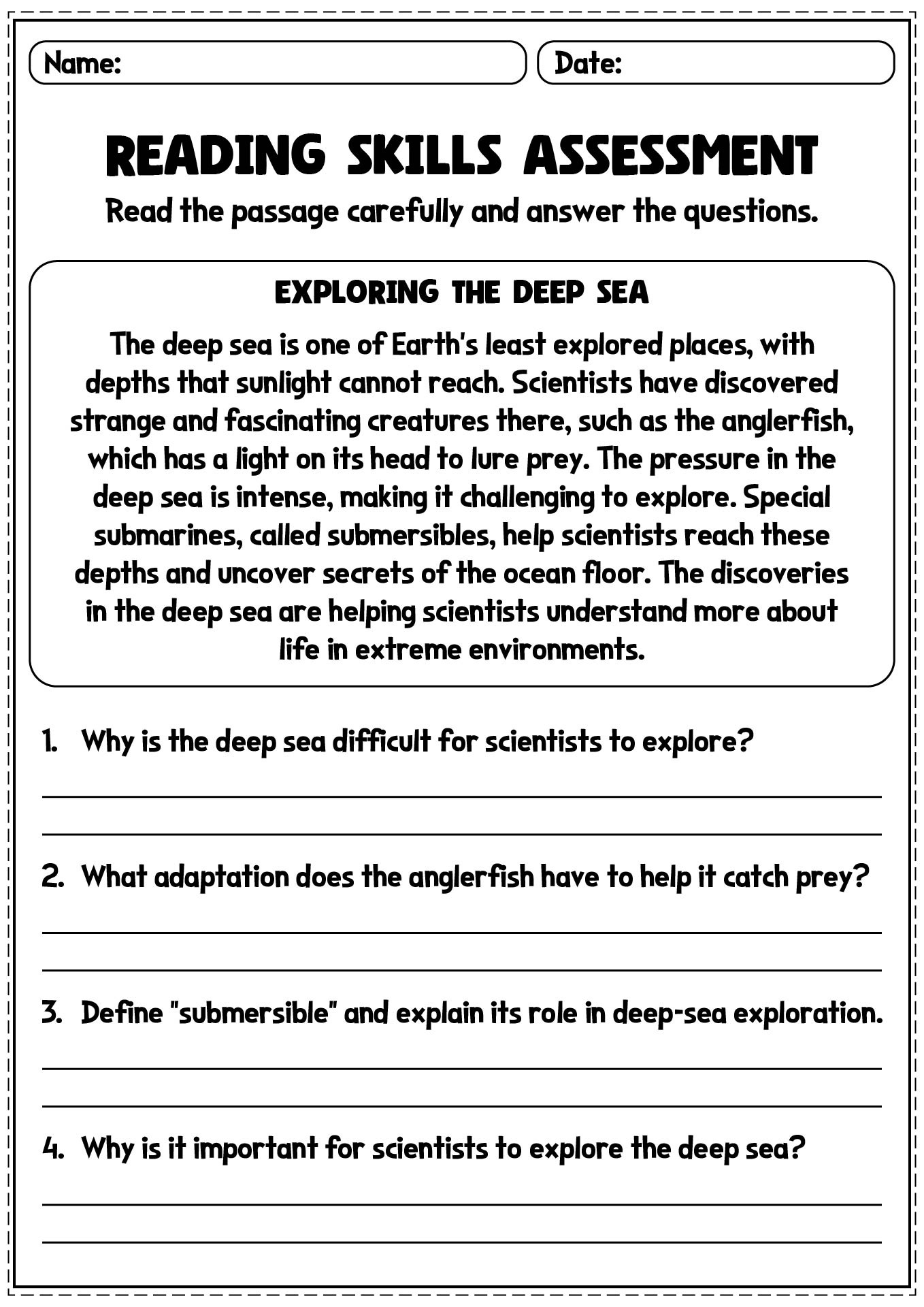 Grade 7 Reading Skills Assessment Worksheets