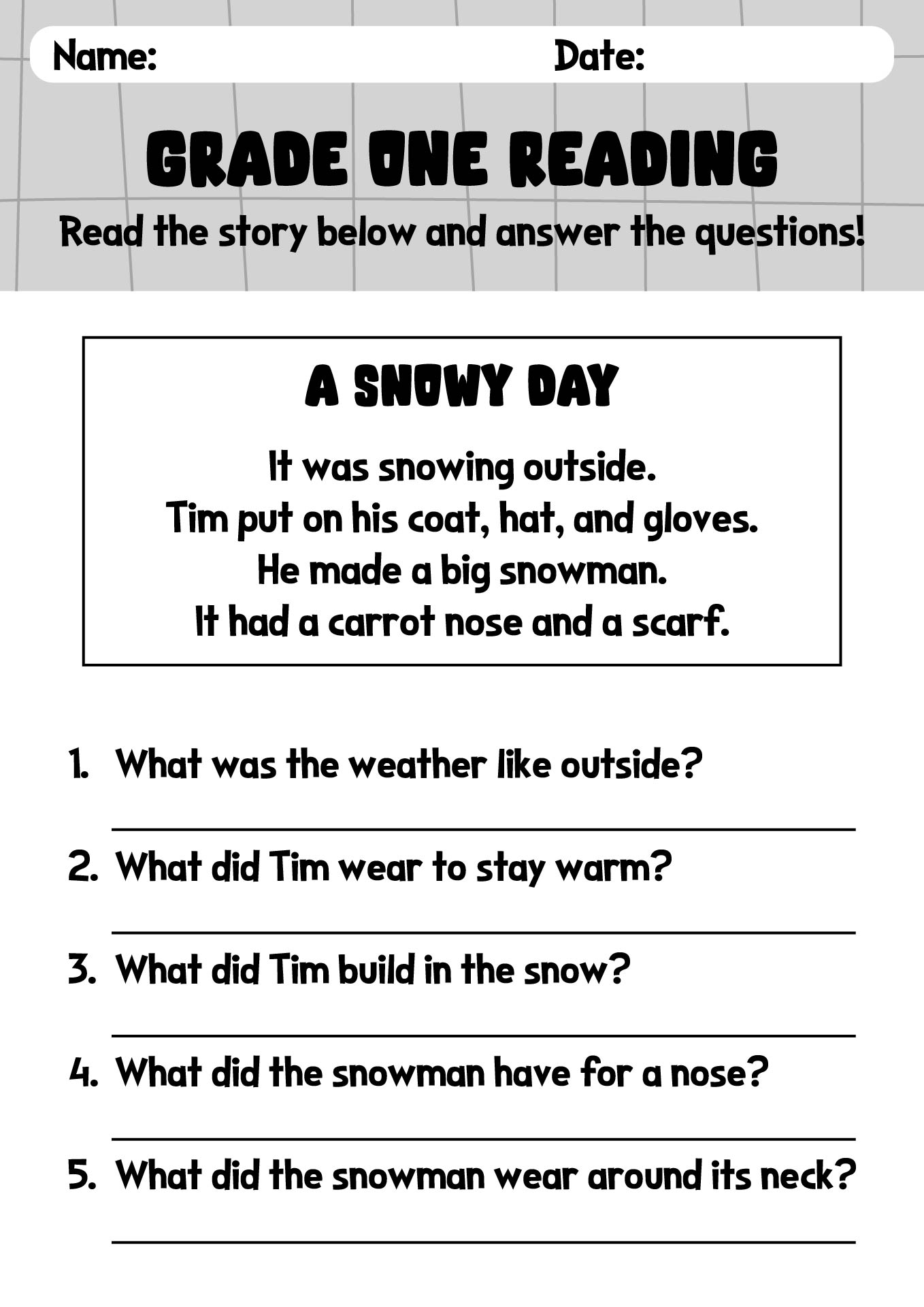 Grade One Reading Understanding Worksheets