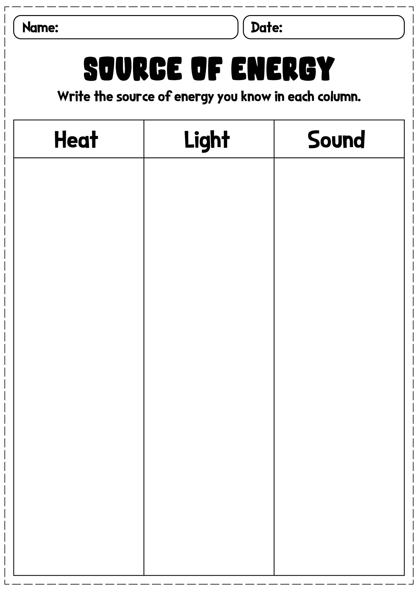 Heat Energy and Light Energy Comparison Worksheets