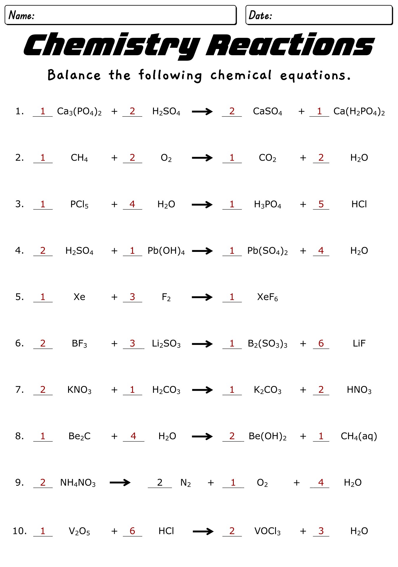 High School Chemistry Reactions Worksheet with Answers