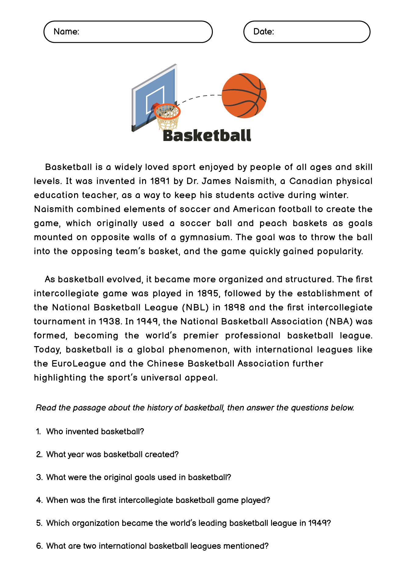 High School Sports Reading Comprehension Worksheets