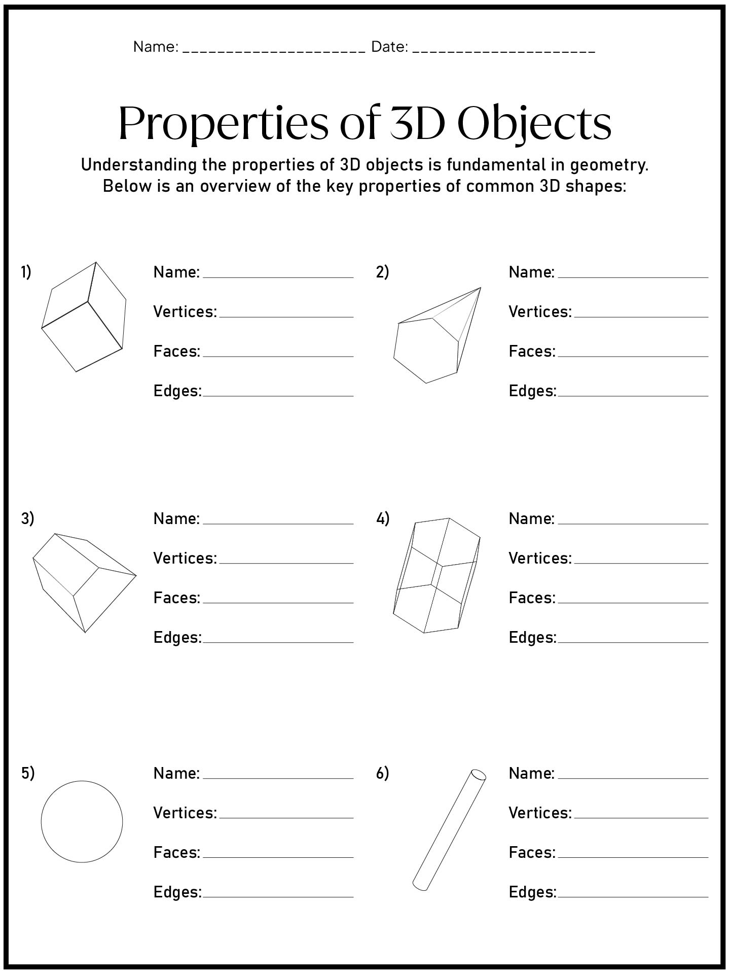 Identifying Properties of 3D Objects Worksheet